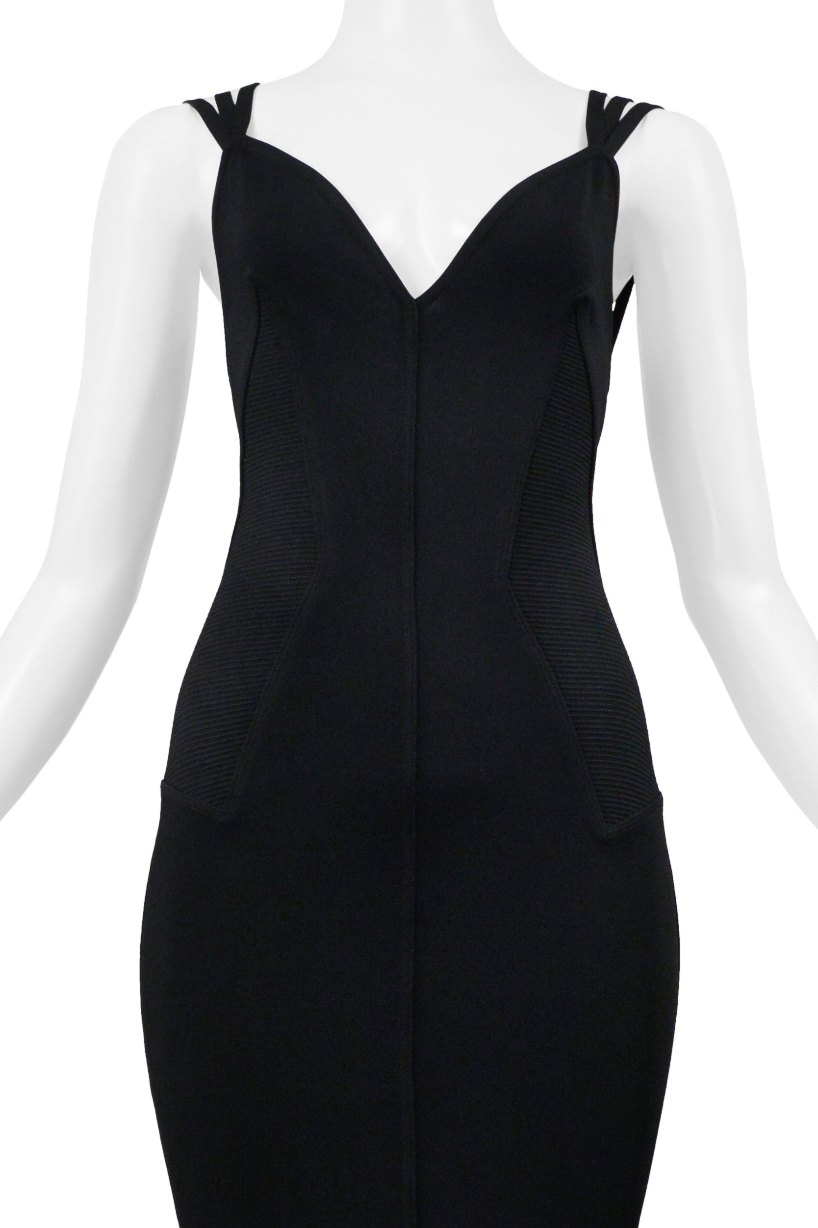 ALAIA BLACK EVENING GOWN WITH LACE HEM AND MULTI STRAPS 1990