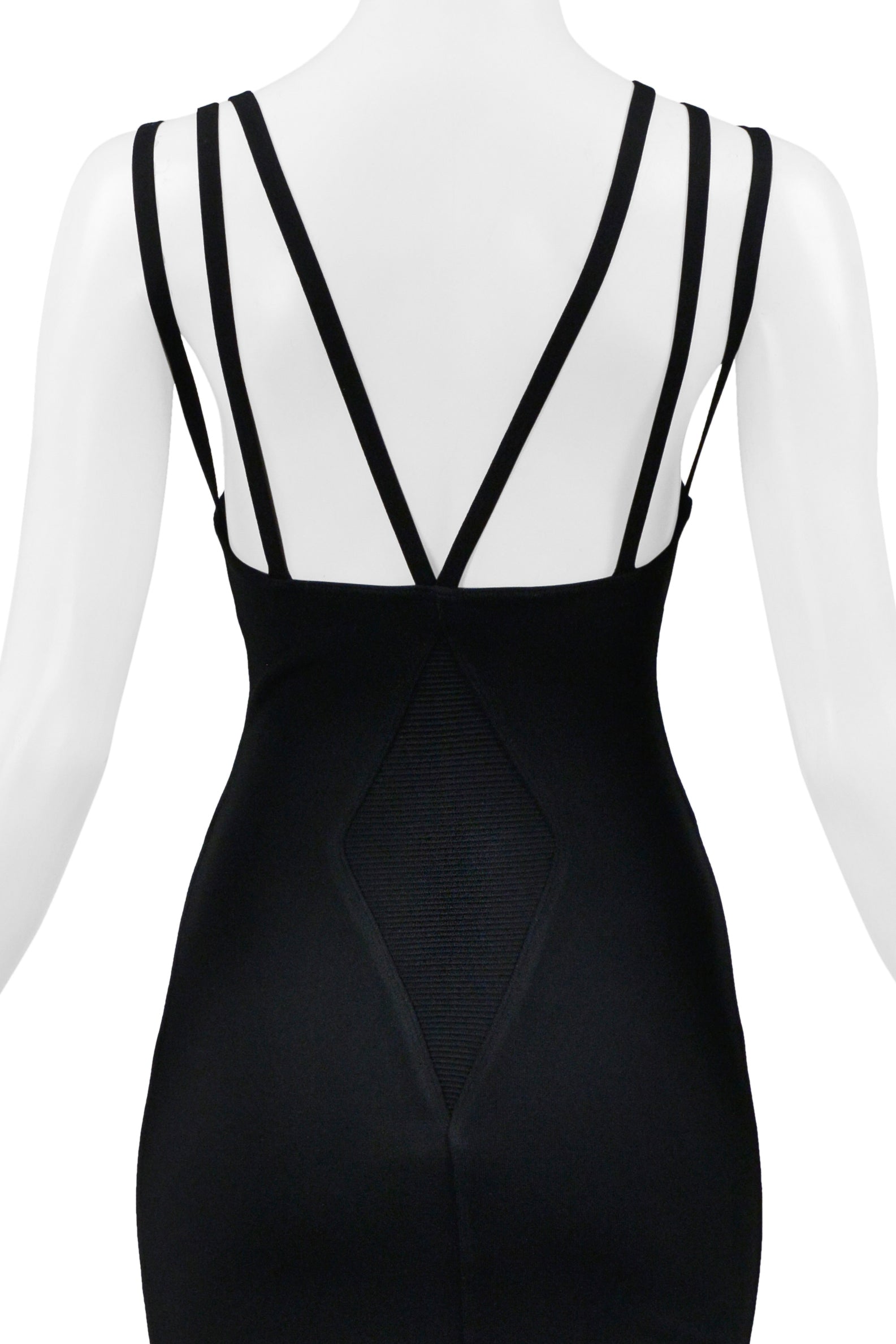 ALAIA BLACK EVENING GOWN WITH LACE HEM AND MULTI STRAPS 1990