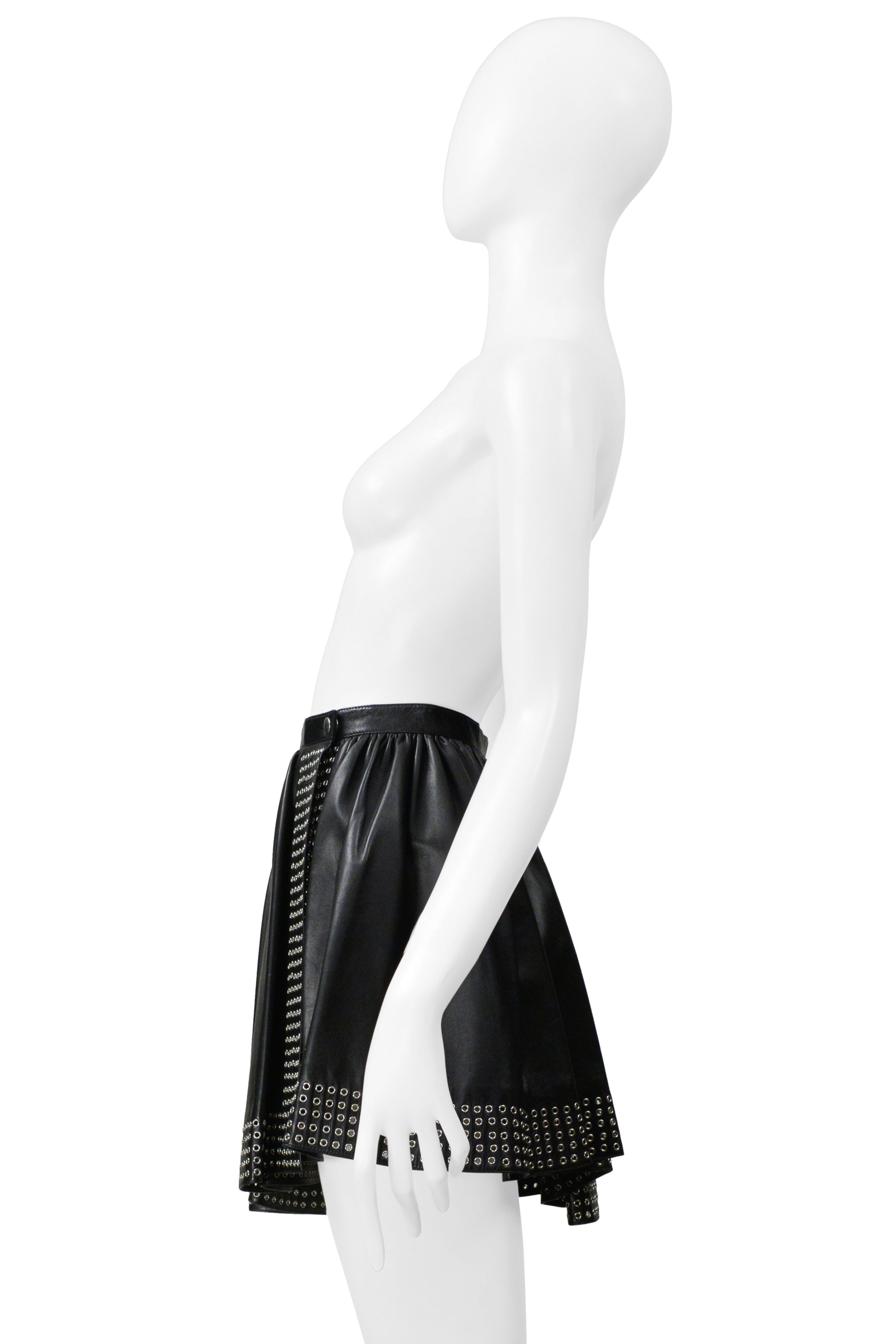 ALAIA BLACK LEATHER MINI SKIRT WITH GROMMETS 2014