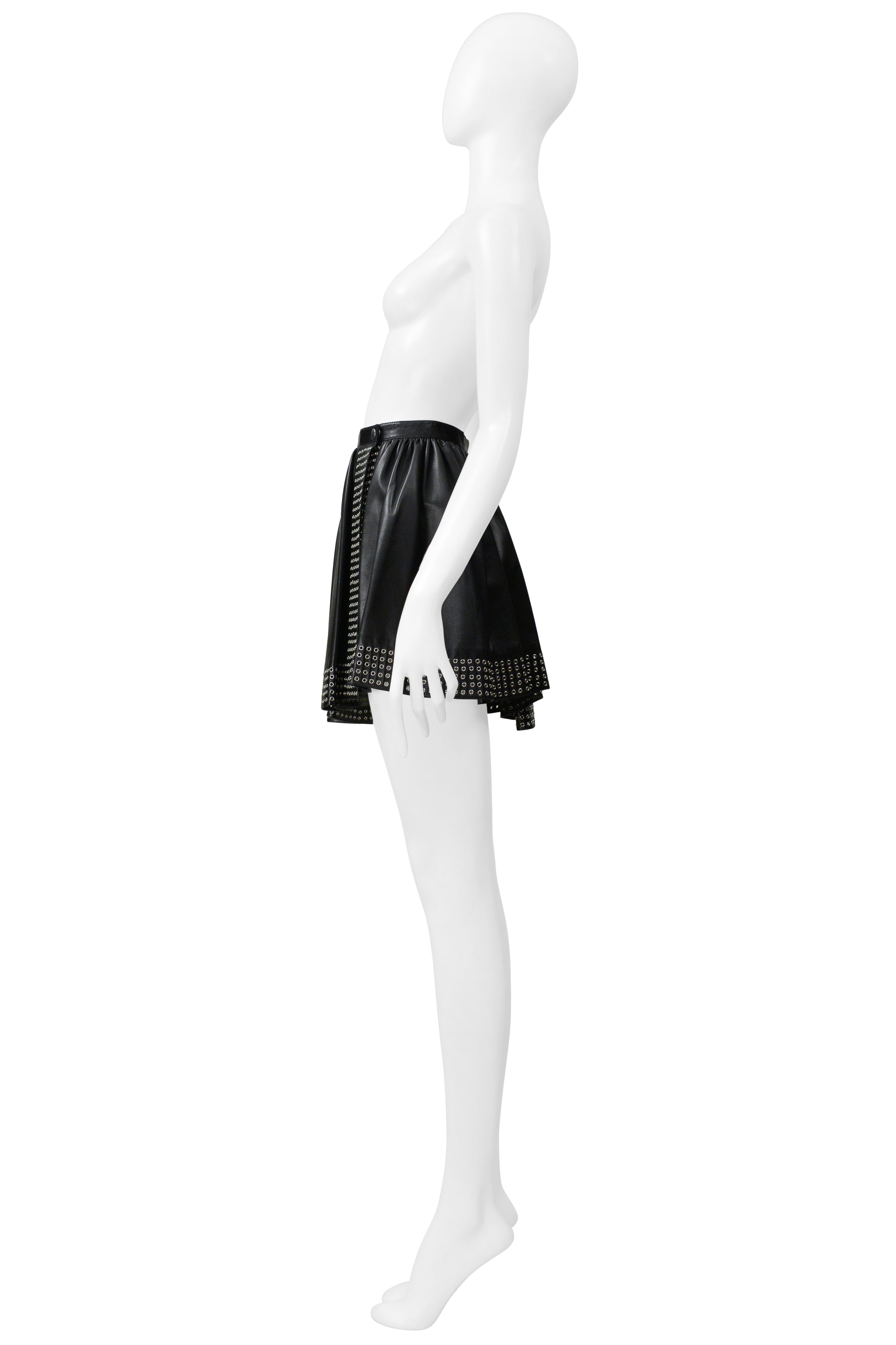 ALAIA BLACK LEATHER MINI SKIRT WITH GROMMETS 2014