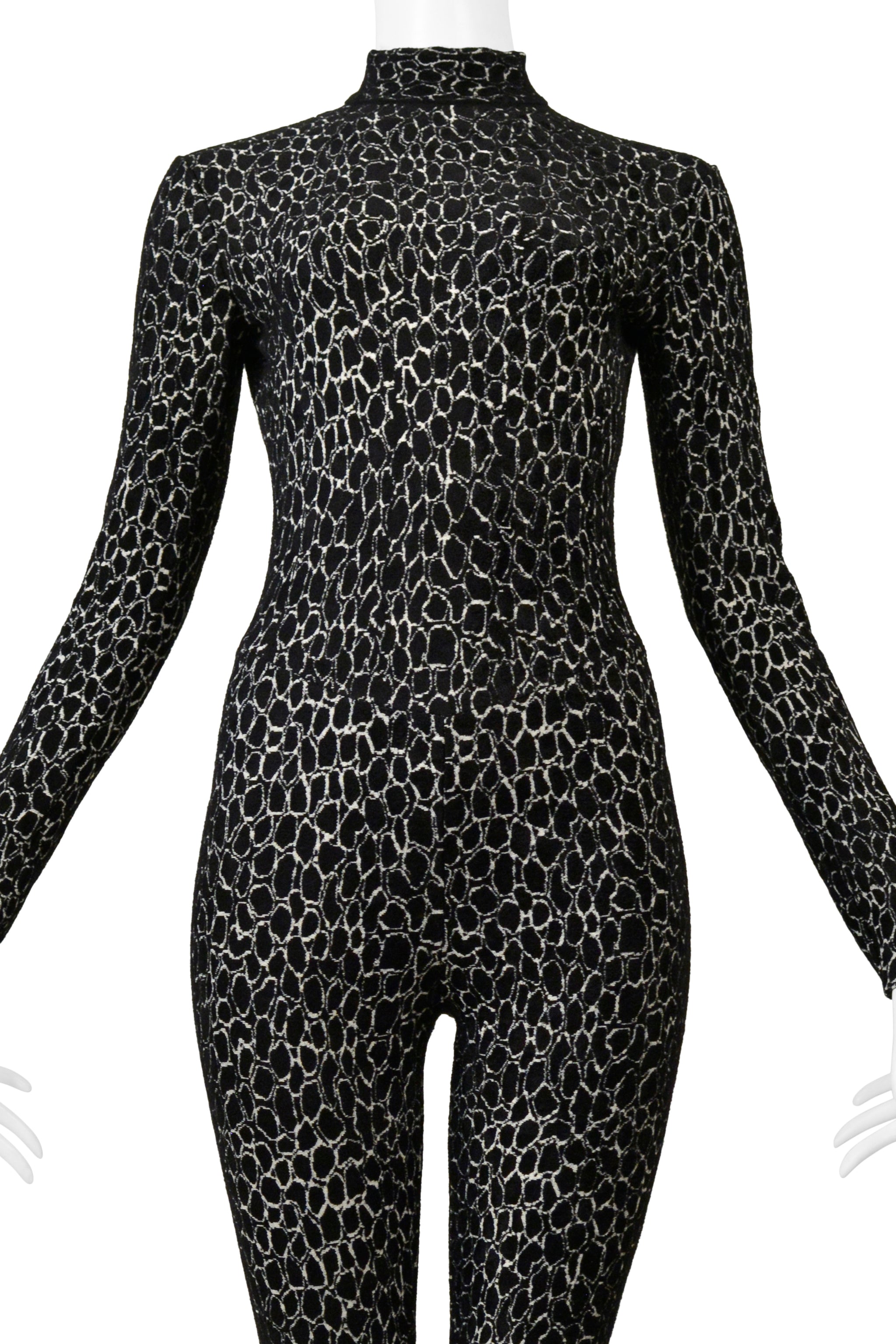 ALAIA BLACK AND WHITE ABSTRACT PRINT CHENILLE CATSUIT
