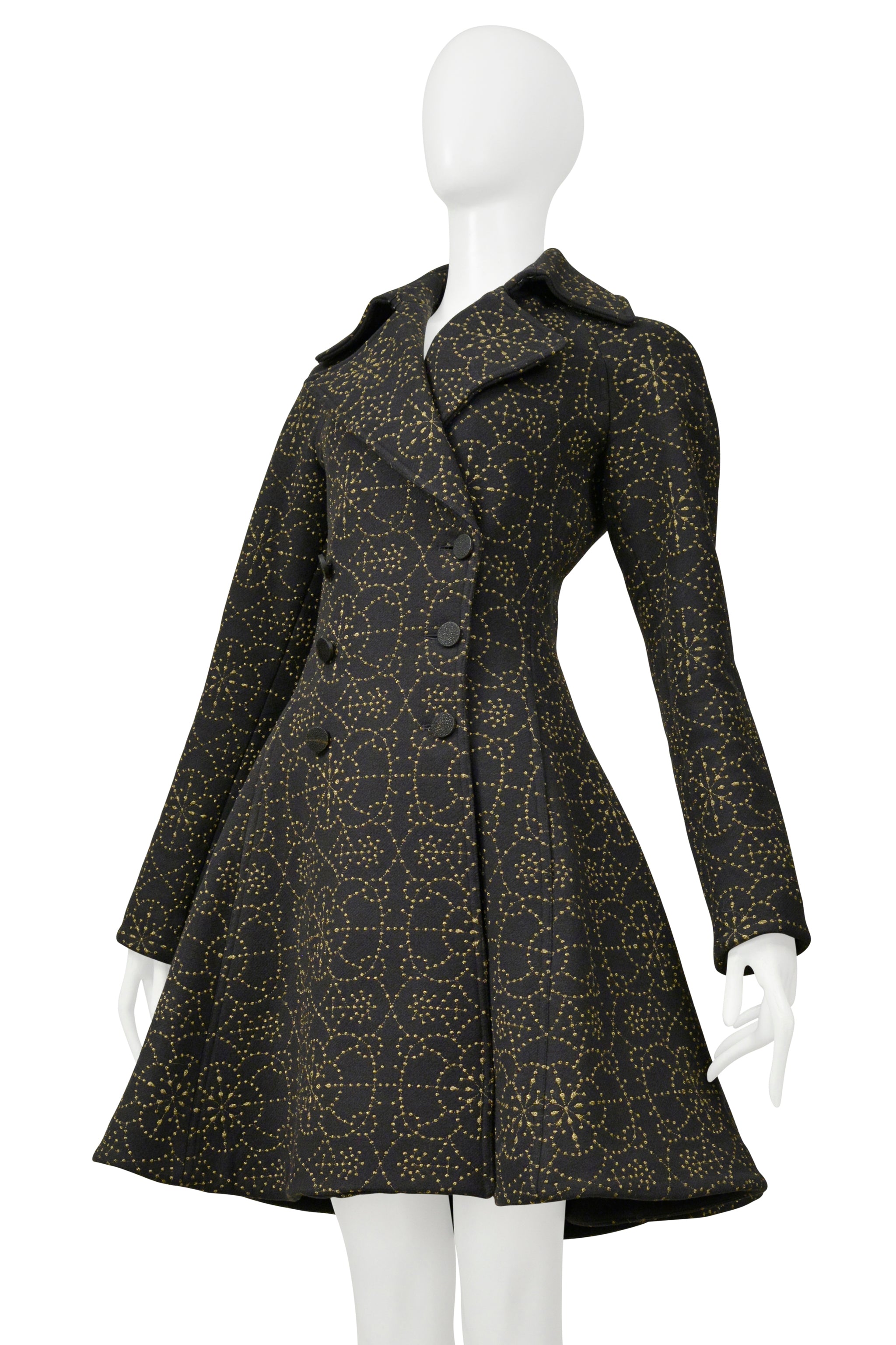 ALAIA BLACK COAT WITH METALLIC GOLD EMBROIDERY
