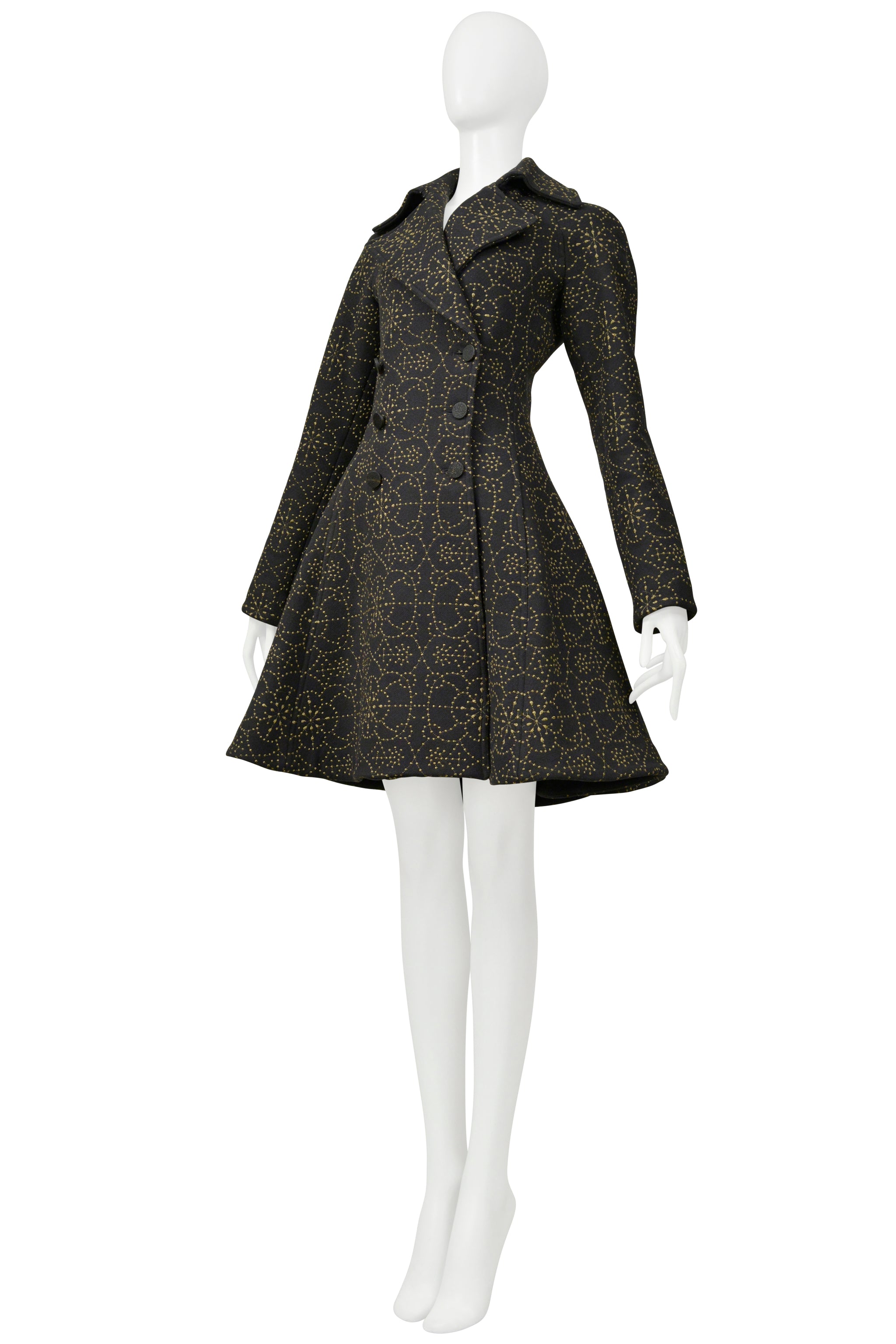 ALAIA BLACK COAT WITH METALLIC GOLD EMBROIDERY