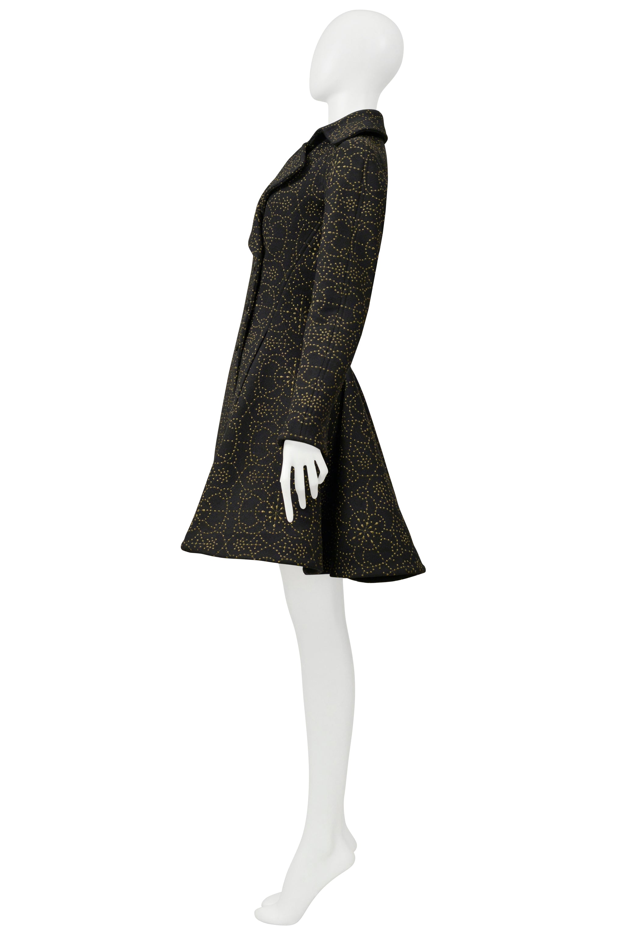 ALAIA BLACK COAT WITH METALLIC GOLD EMBROIDERY