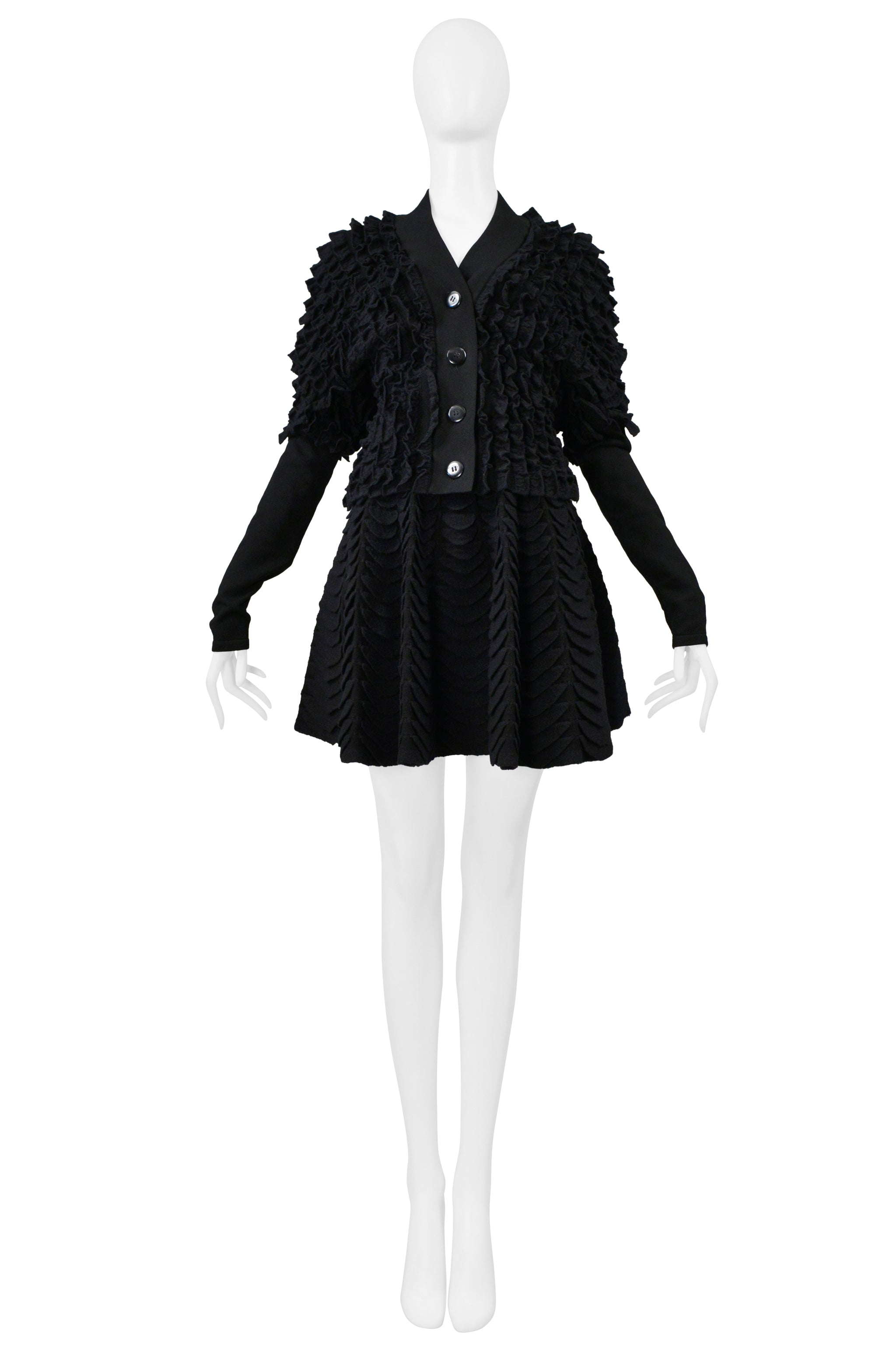 ALAIA BLACK KNIT RUFFLE CARDIGAN AND FAN CIRCLE SKIRT ENSEMBLE