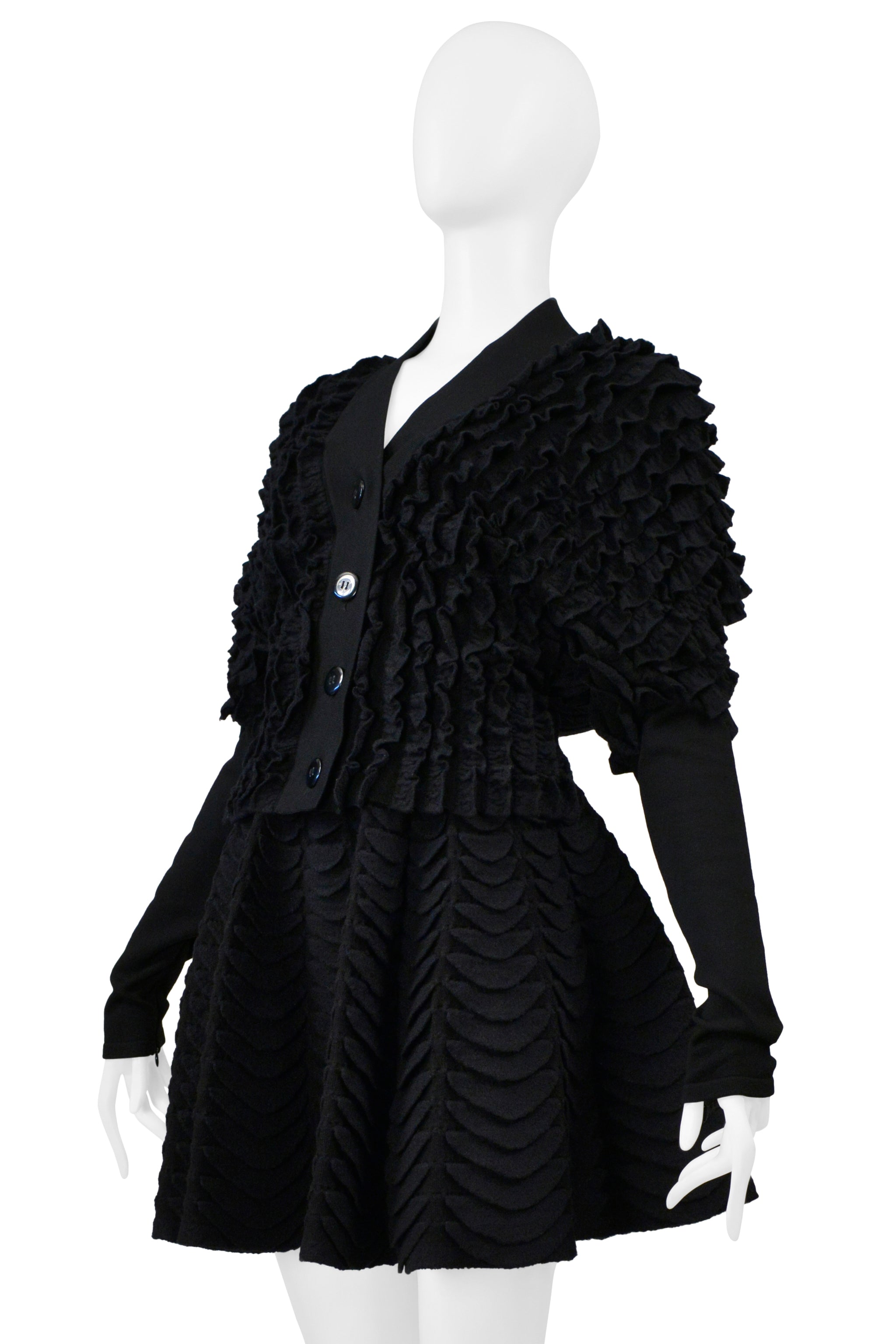 ALAIA BLACK KNIT RUFFLE CARDIGAN AND FAN CIRCLE SKIRT ENSEMBLE