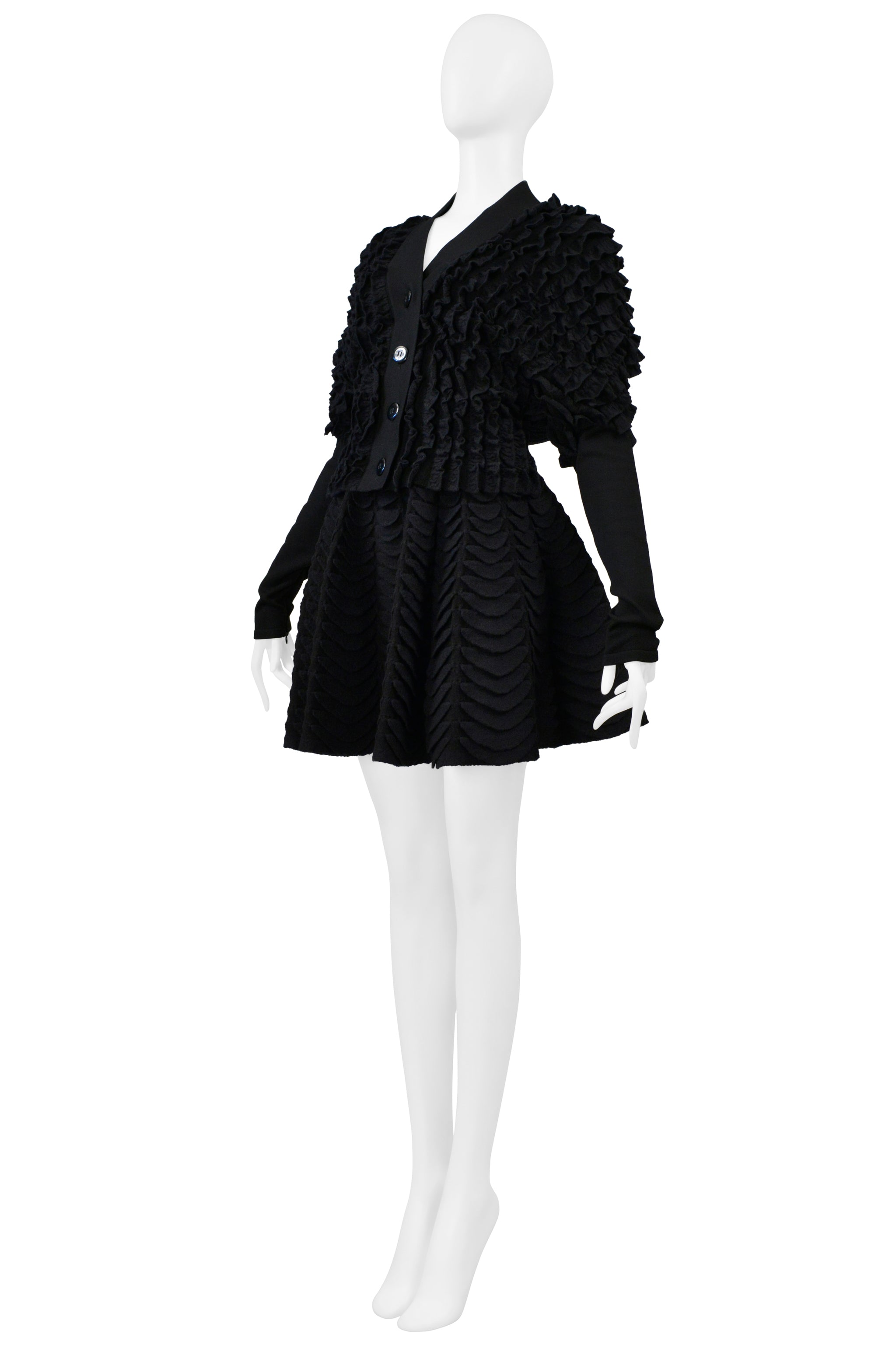 ALAIA BLACK KNIT RUFFLE CARDIGAN AND FAN CIRCLE SKIRT ENSEMBLE