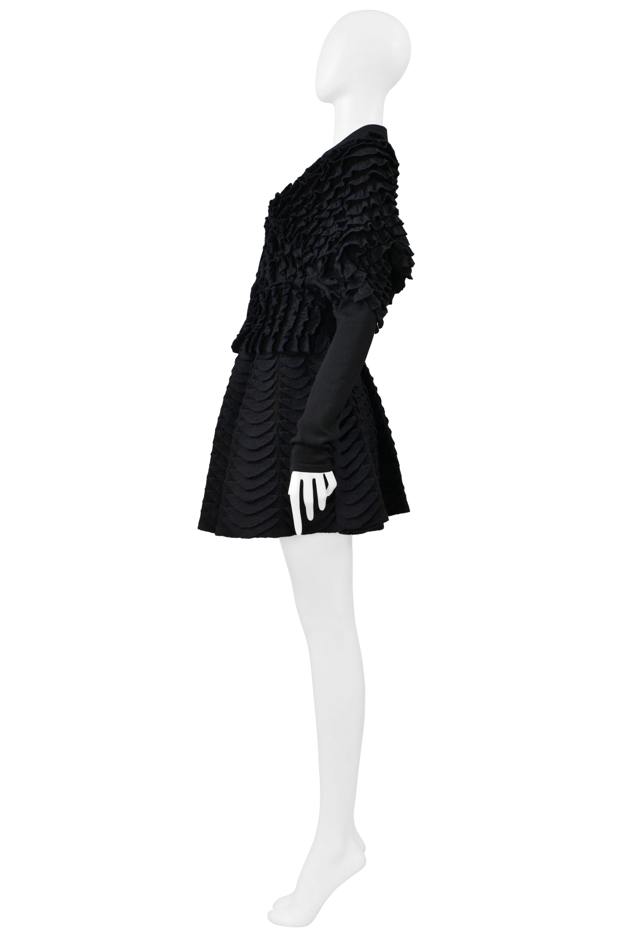 ALAIA BLACK KNIT RUFFLE CARDIGAN AND FAN CIRCLE SKIRT ENSEMBLE
