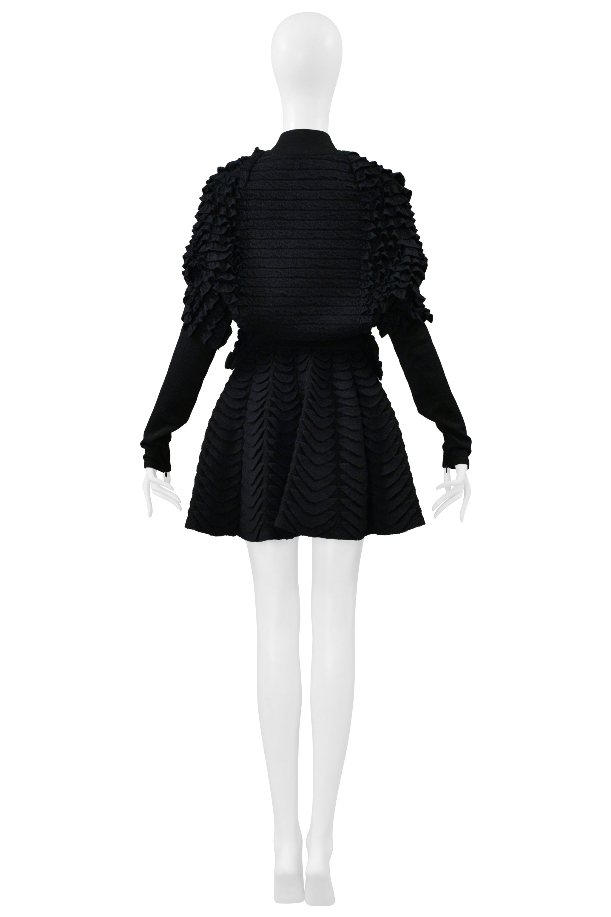 ALAIA BLACK KNIT RUFFLE CARDIGAN AND FAN CIRCLE SKIRT ENSEMBLE