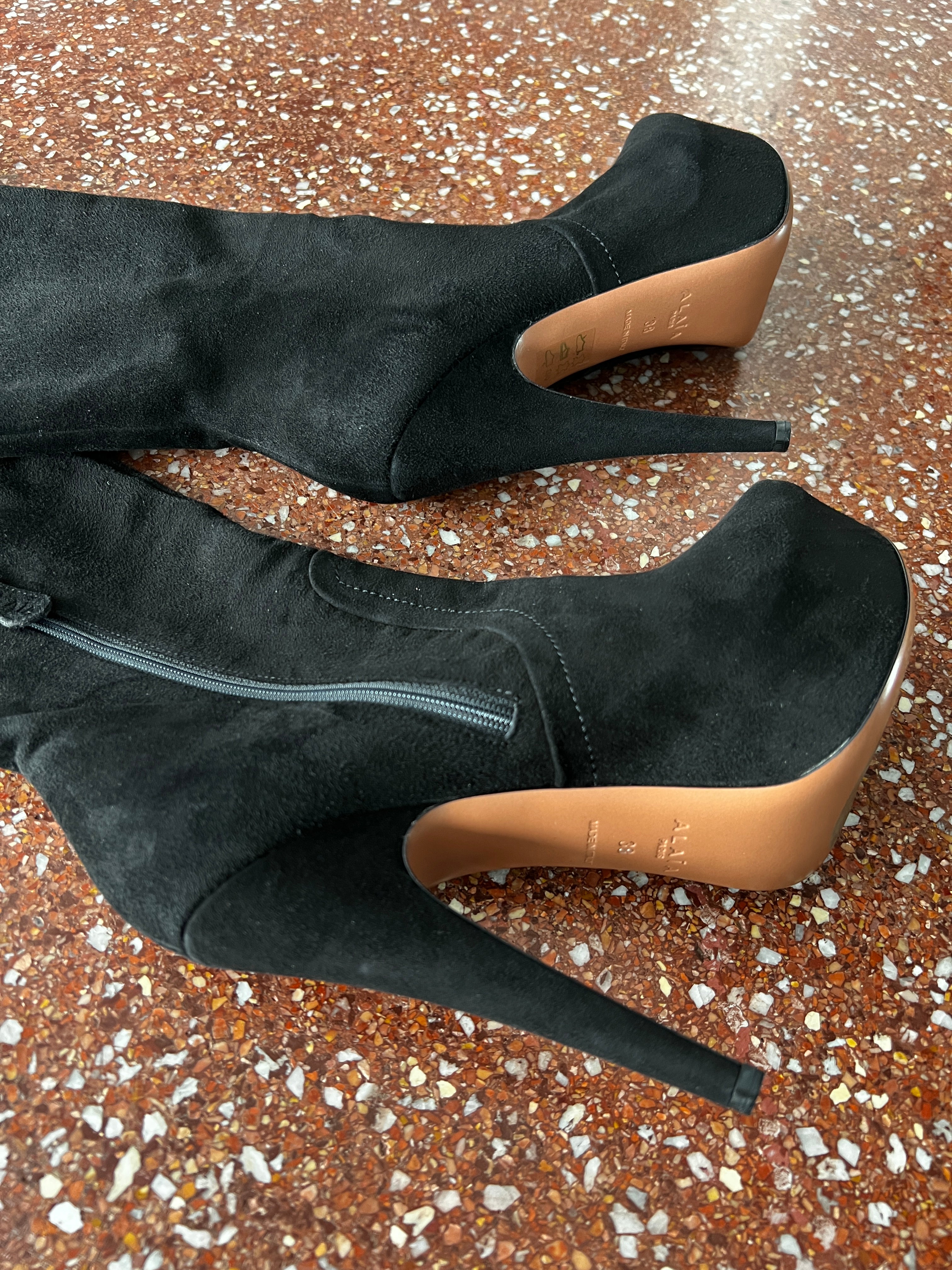 ALAIA BLACK SUEDE THIGH HIGH PLATFORM BOOTS