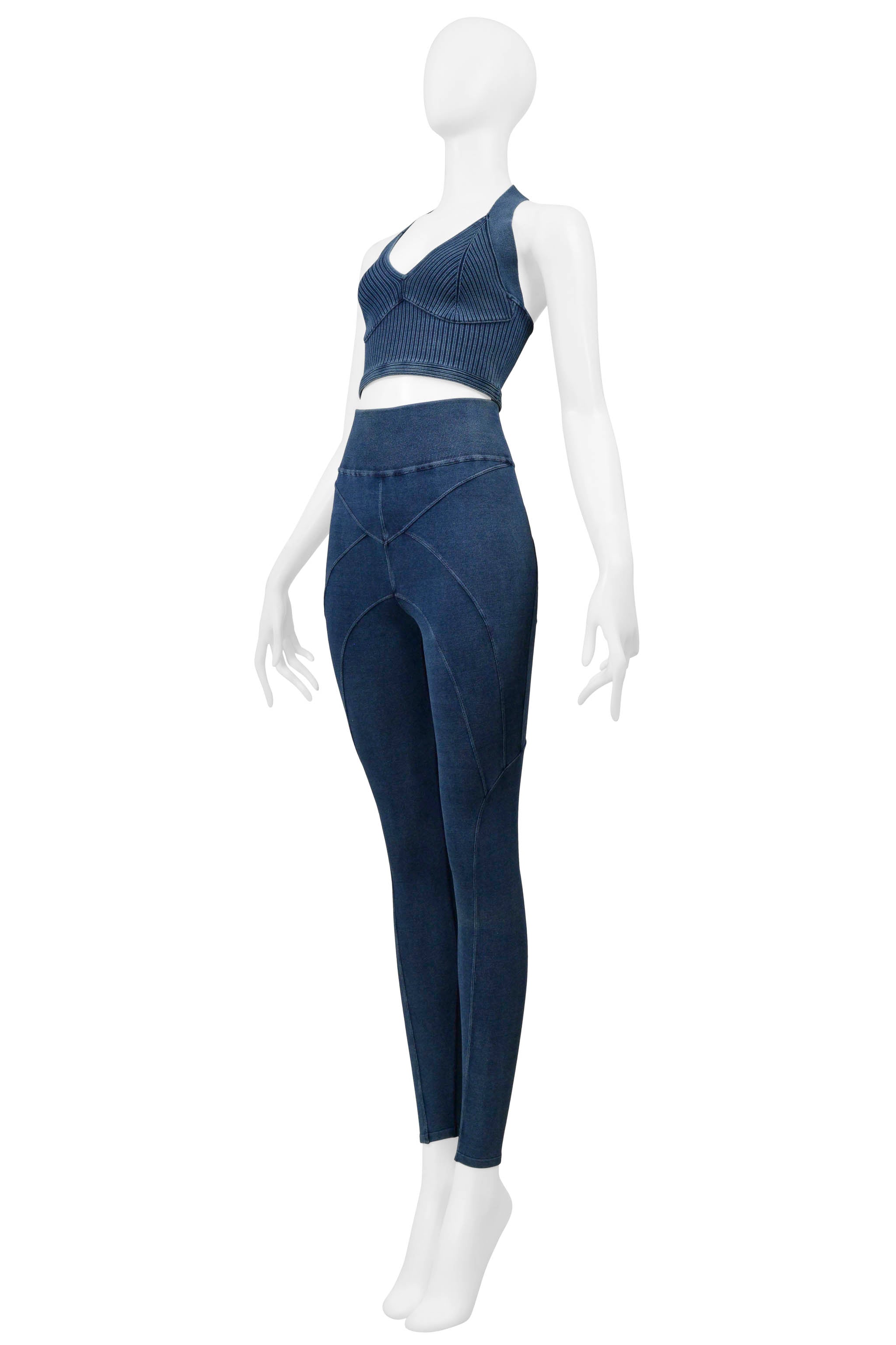 ALAIA DENIM BLUE VINTAGE WASH KNIT BRA TOP AND LEGGINGS