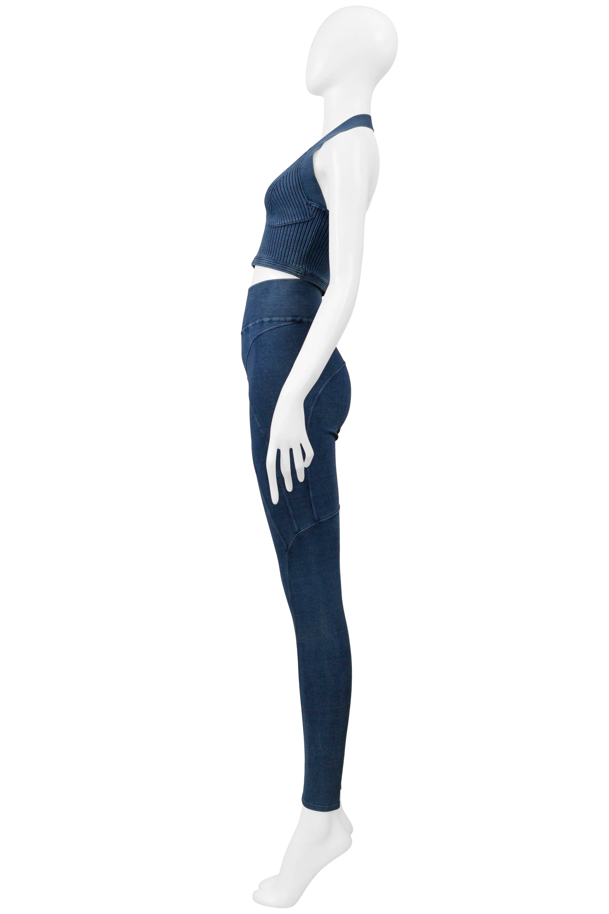 ALAIA DENIM BLUE VINTAGE WASH KNIT BRA TOP AND LEGGINGS