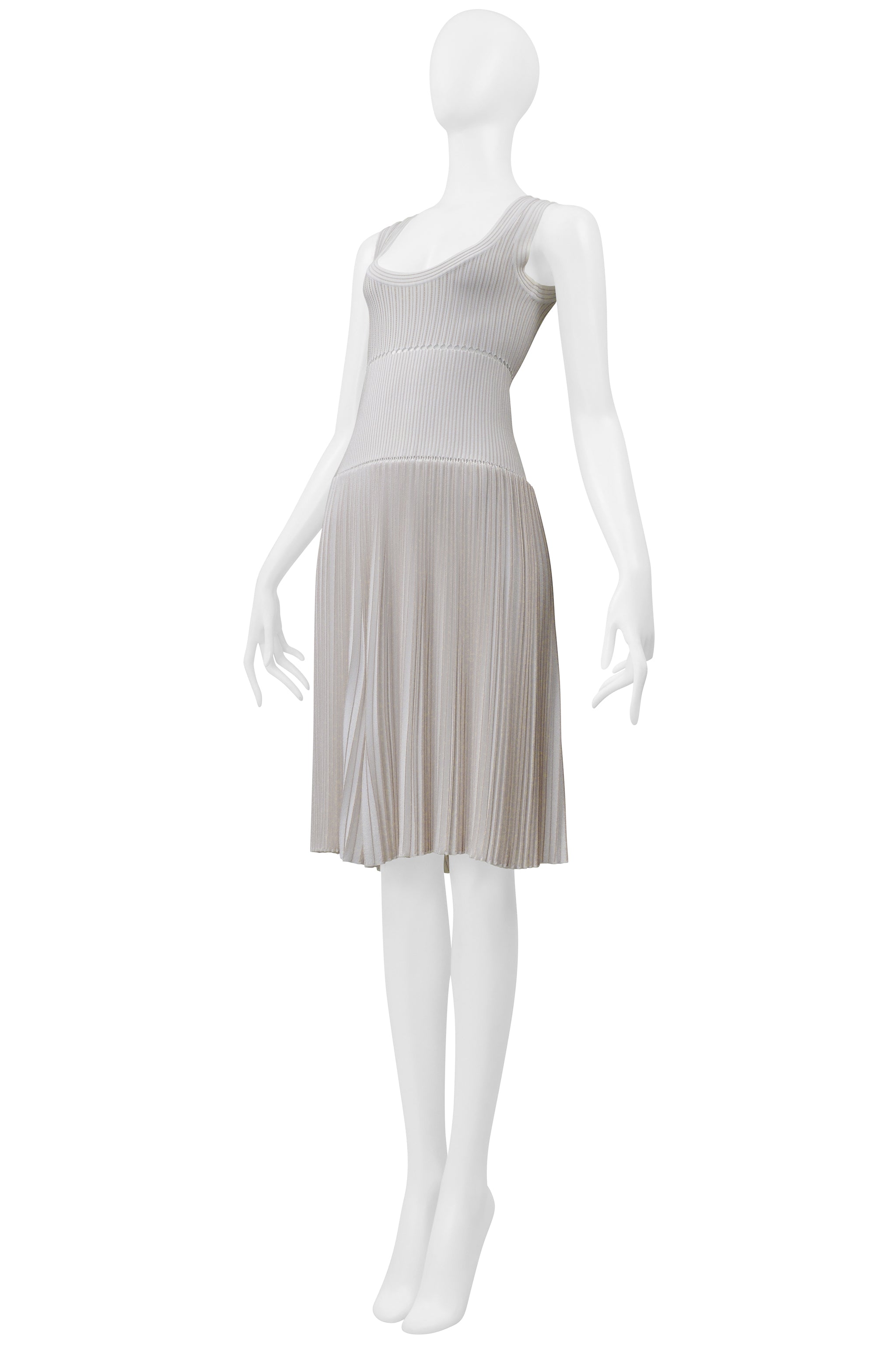 ALAIA WHITE LASER CUT PLEATED KNIT DRESS