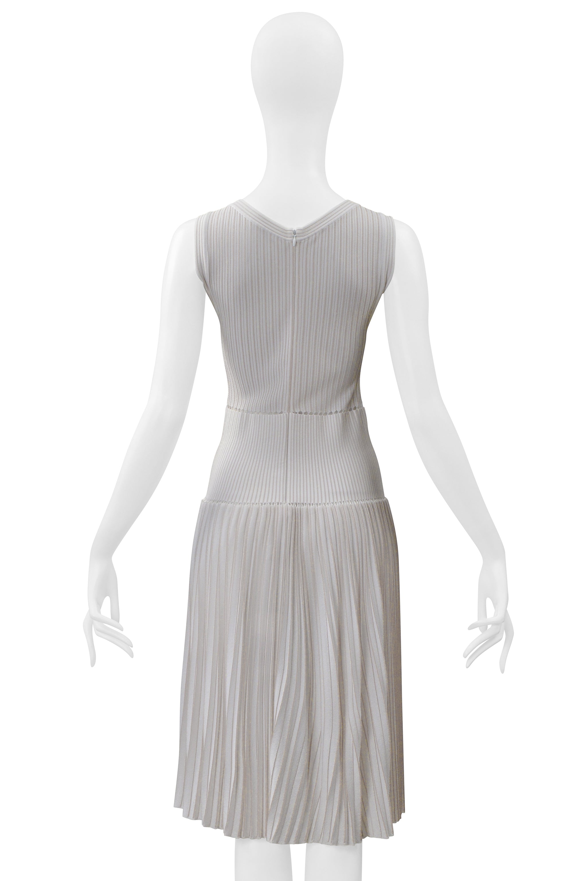ALAIA WHITE LASER CUT PLEATED KNIT DRESS