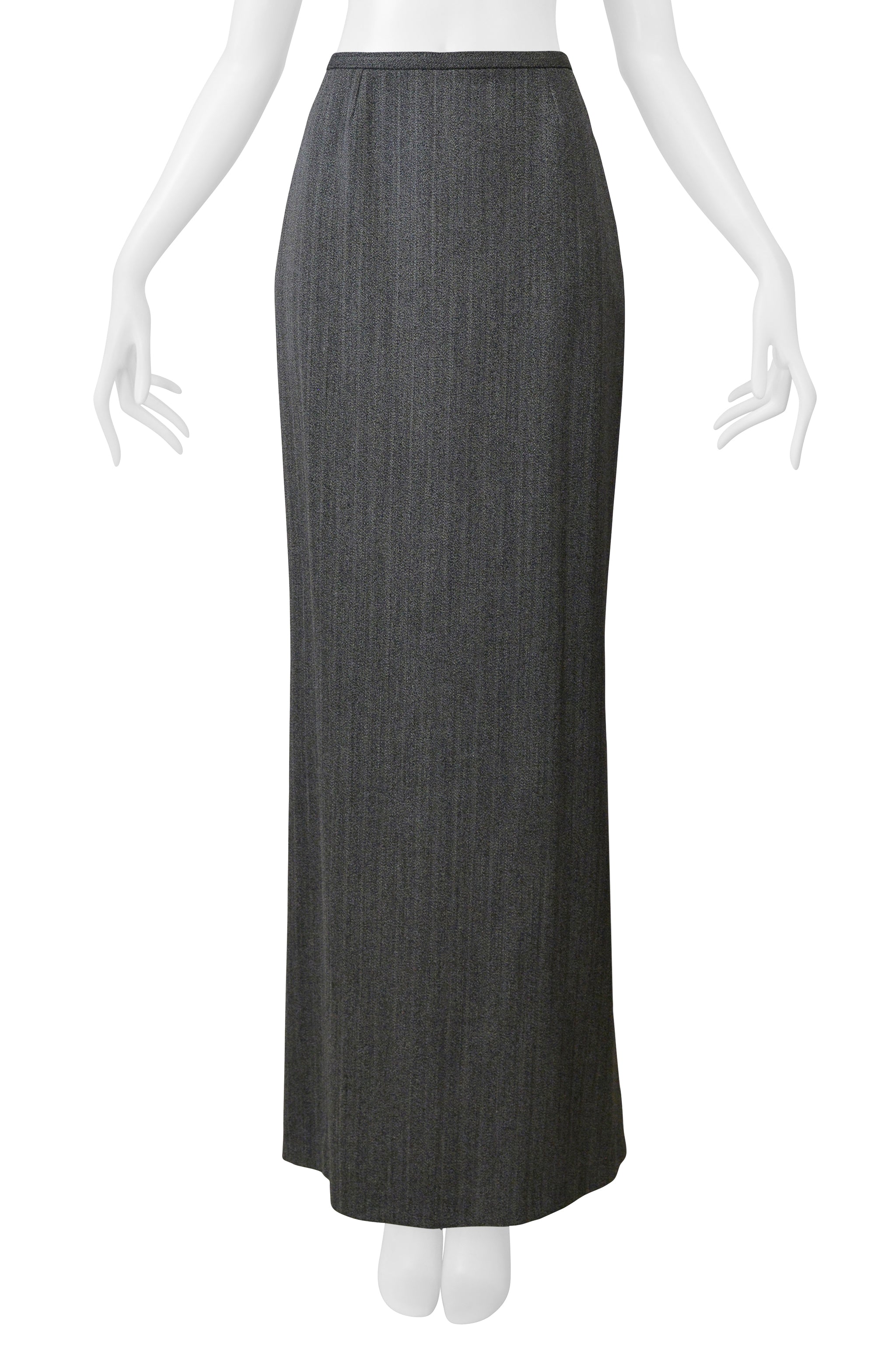 ALAIA WOOL GREY PINSTRIPE LONG SKIRT