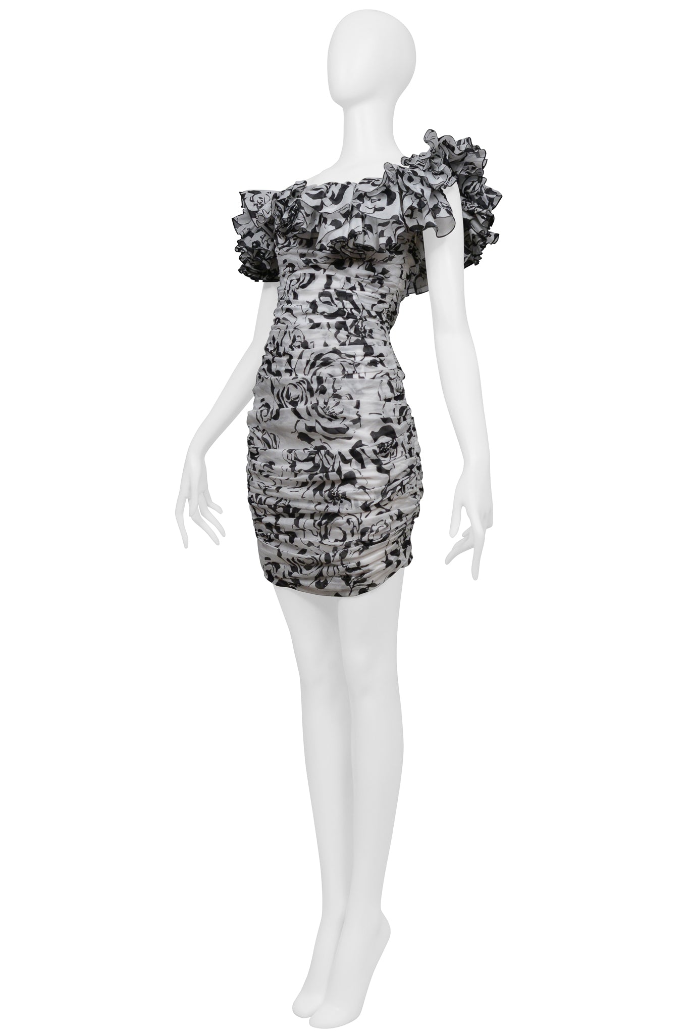 ALEXANDRE VAUTHIER WHITE AND BLACK PARTY DRESS WITH RUFFLE NECKLINE