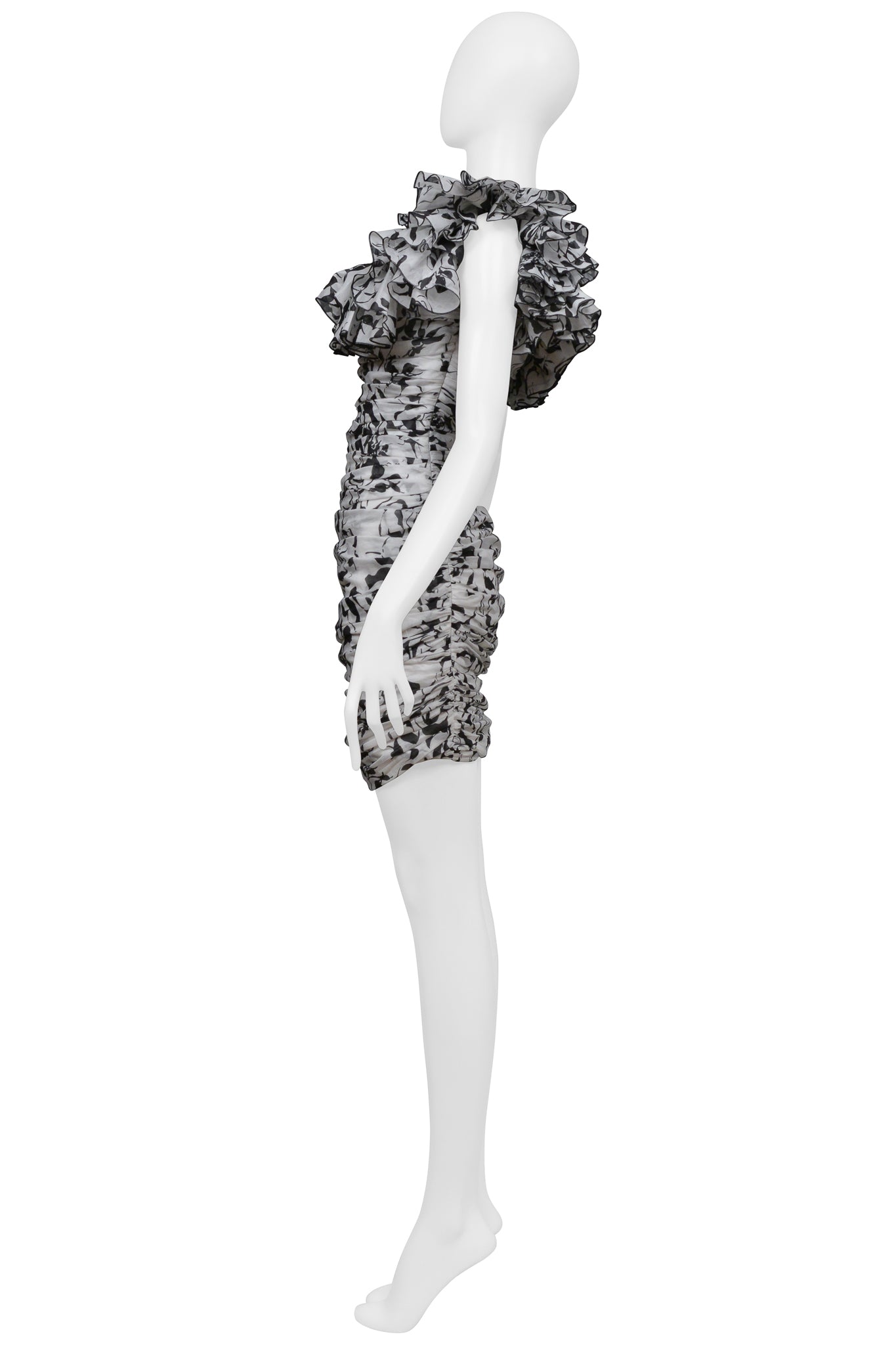 ALEXANDRE VAUTHIER WHITE AND BLACK PARTY DRESS WITH RUFFLE NECKLINE