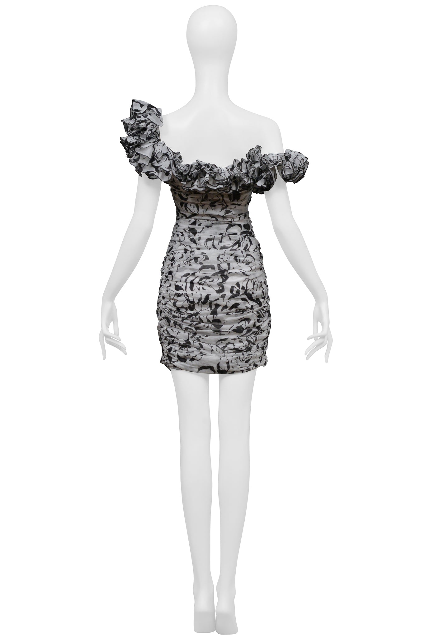 ALEXANDRE VAUTHIER WHITE AND BLACK PARTY DRESS WITH RUFFLE NECKLINE