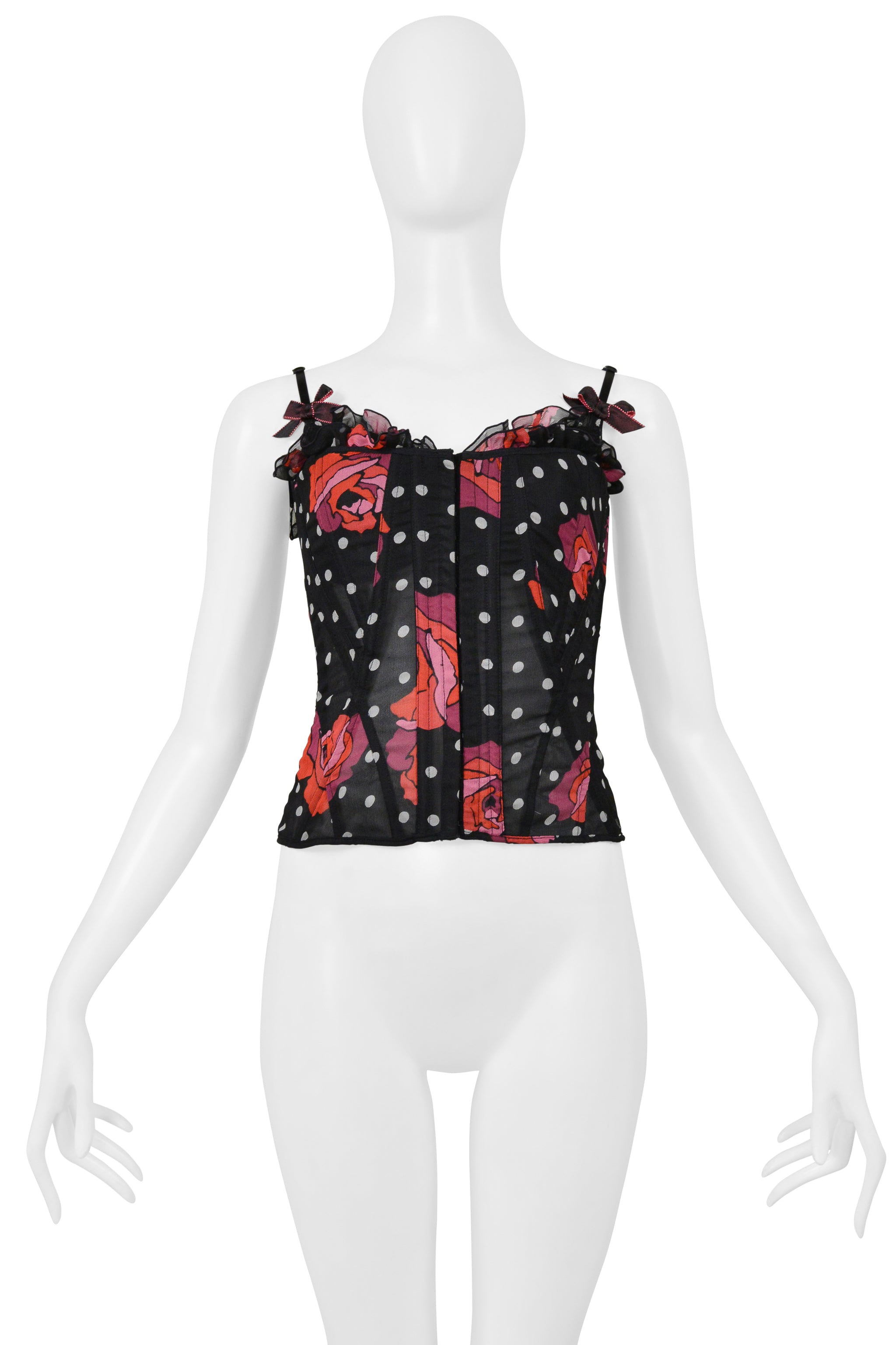 ANNA SUI BLACK CHIFFON CORSET WITH DOT & ROSE PRINT