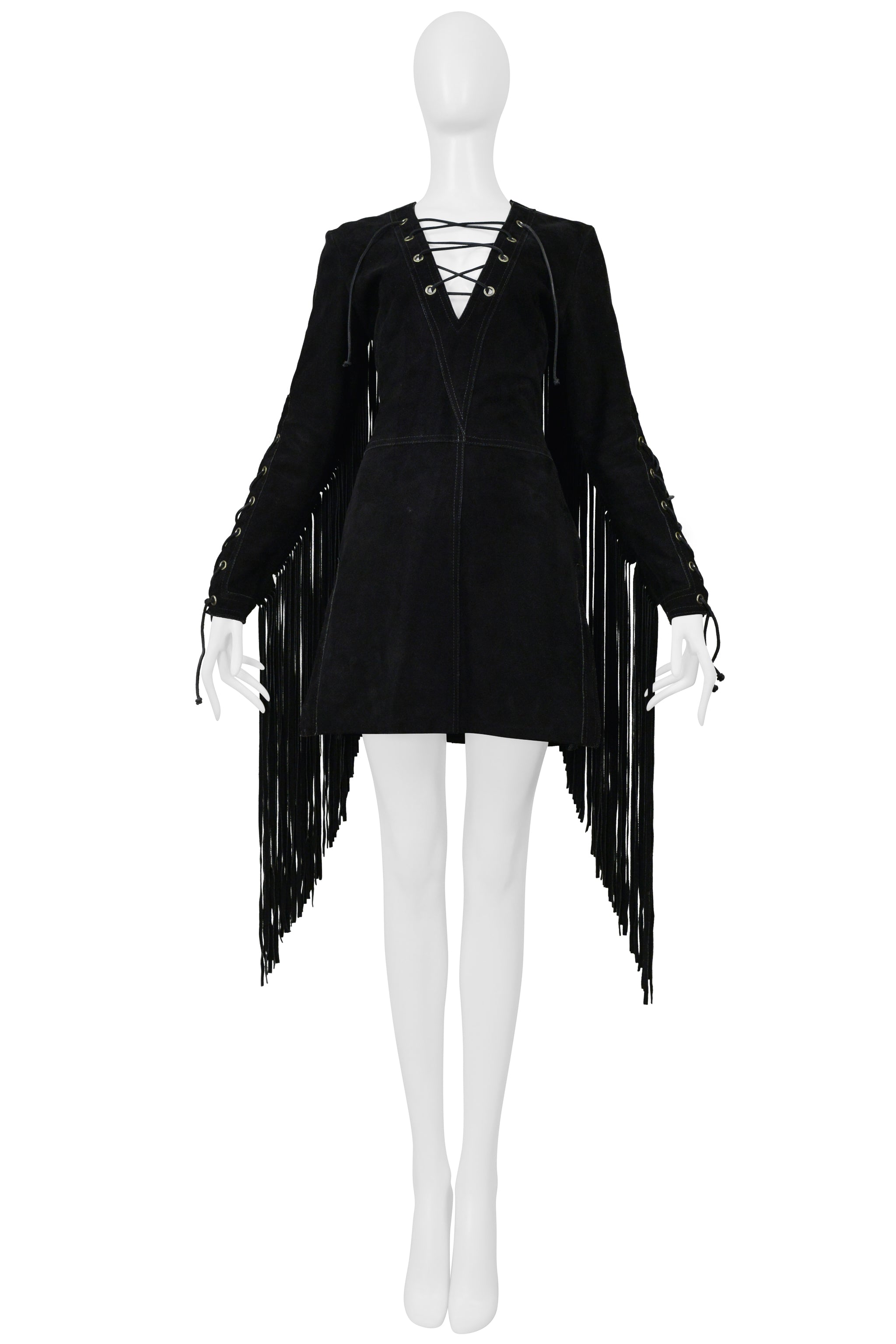 ANNA SUI BLACK SUEDE DRESS WITH FRINGE