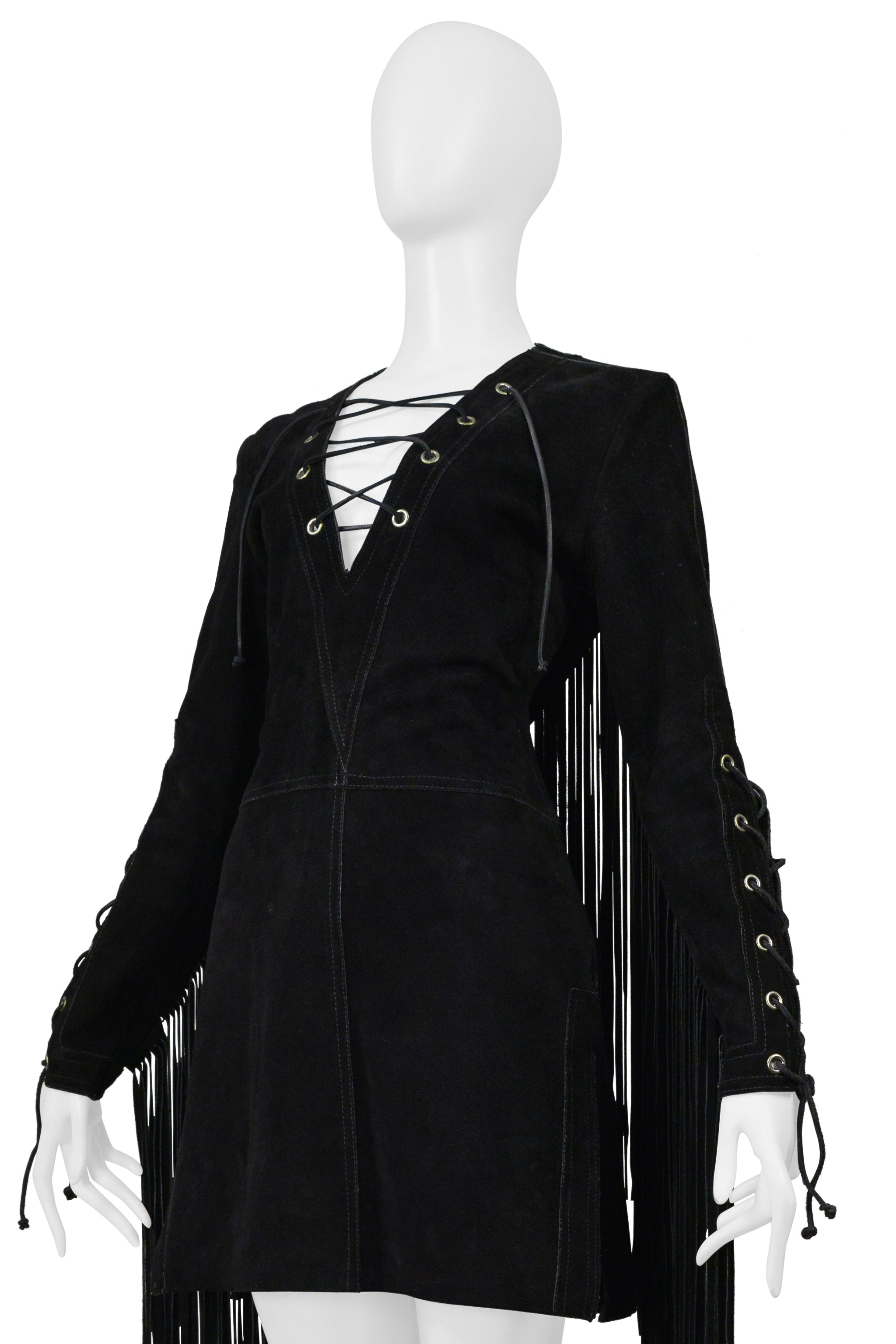 ANNA SUI BLACK SUEDE DRESS WITH FRINGE
