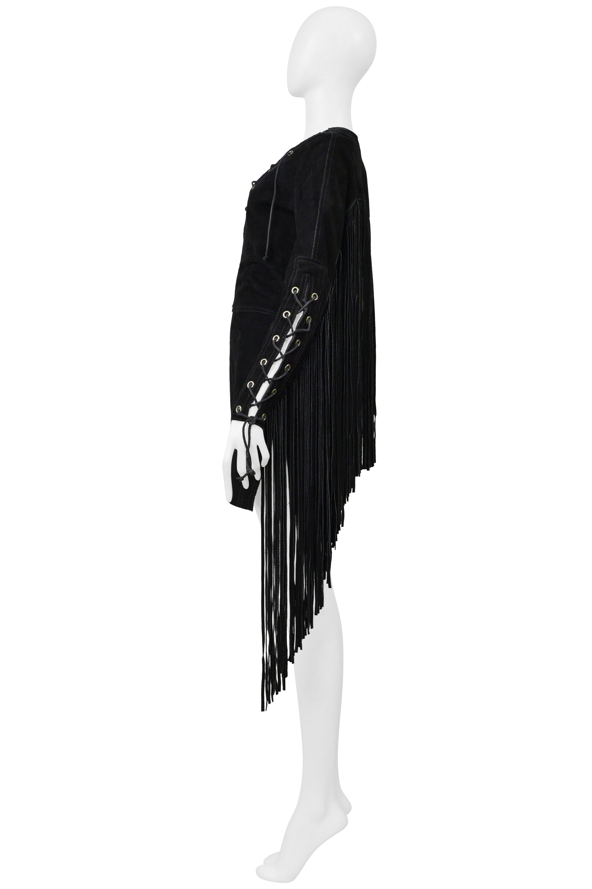 ANNA SUI BLACK SUEDE DRESS WITH FRINGE