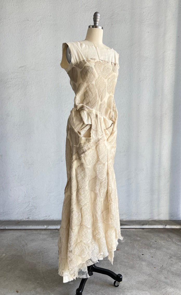 COMME DES GARCONS OFF-WHITE VINTAGE FLORAL & MUSLIN DECONSTRUCTED GOWN 1997