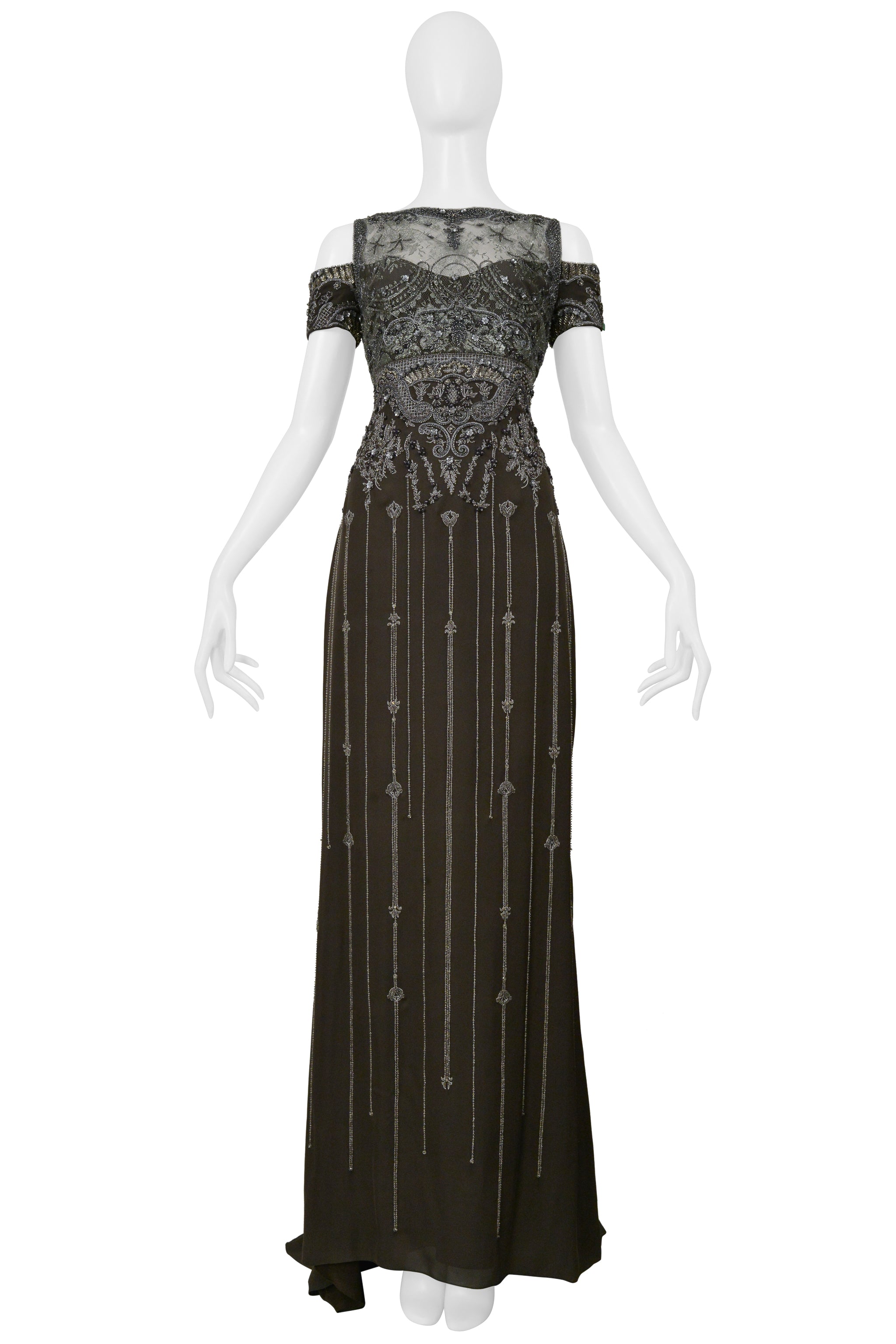 BADGLEY MISCHKA OLIVE EVENING GOWN WITH SILVER BEADING