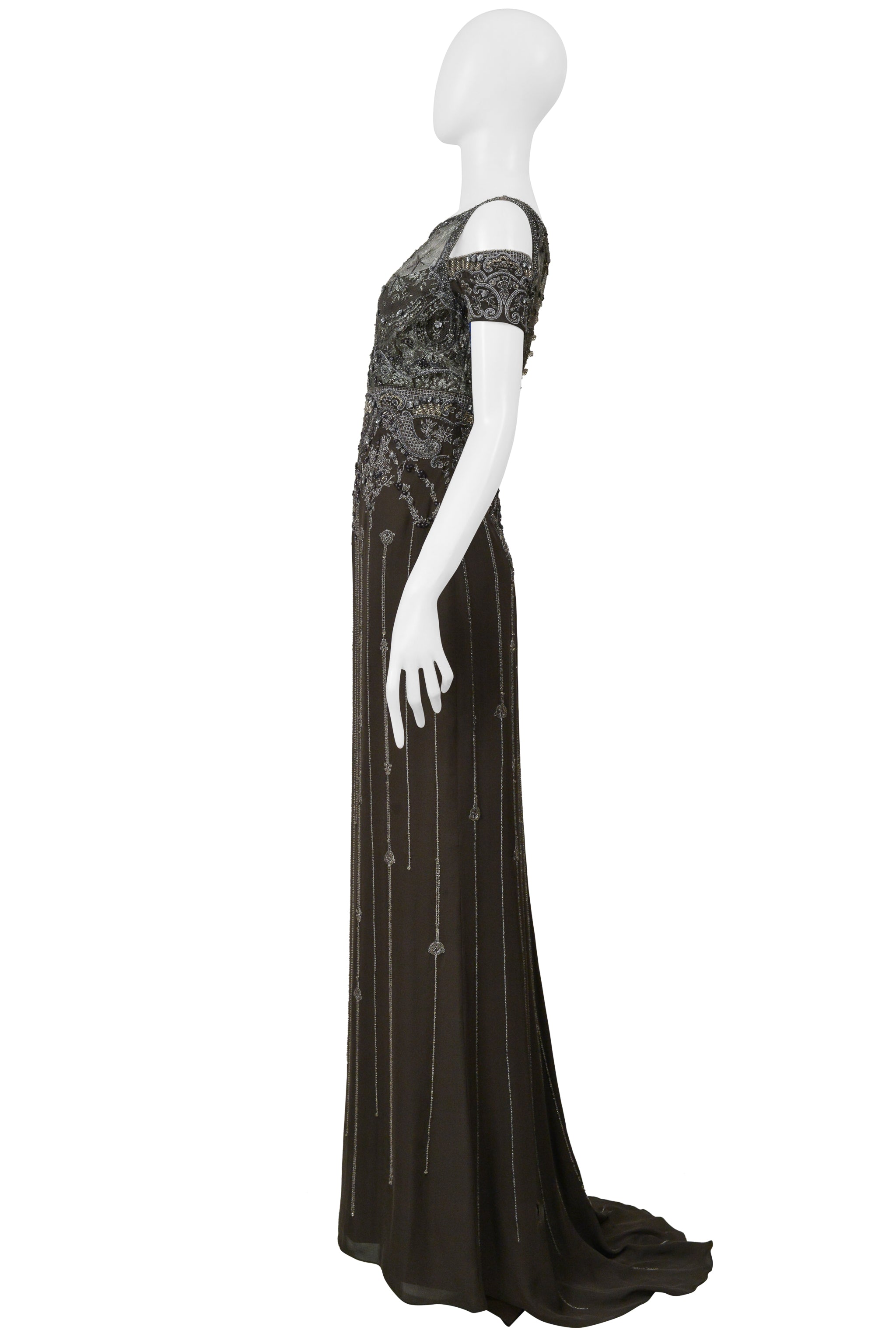 BADGLEY MISCHKA OLIVE EVENING GOWN WITH SILVER BEADING