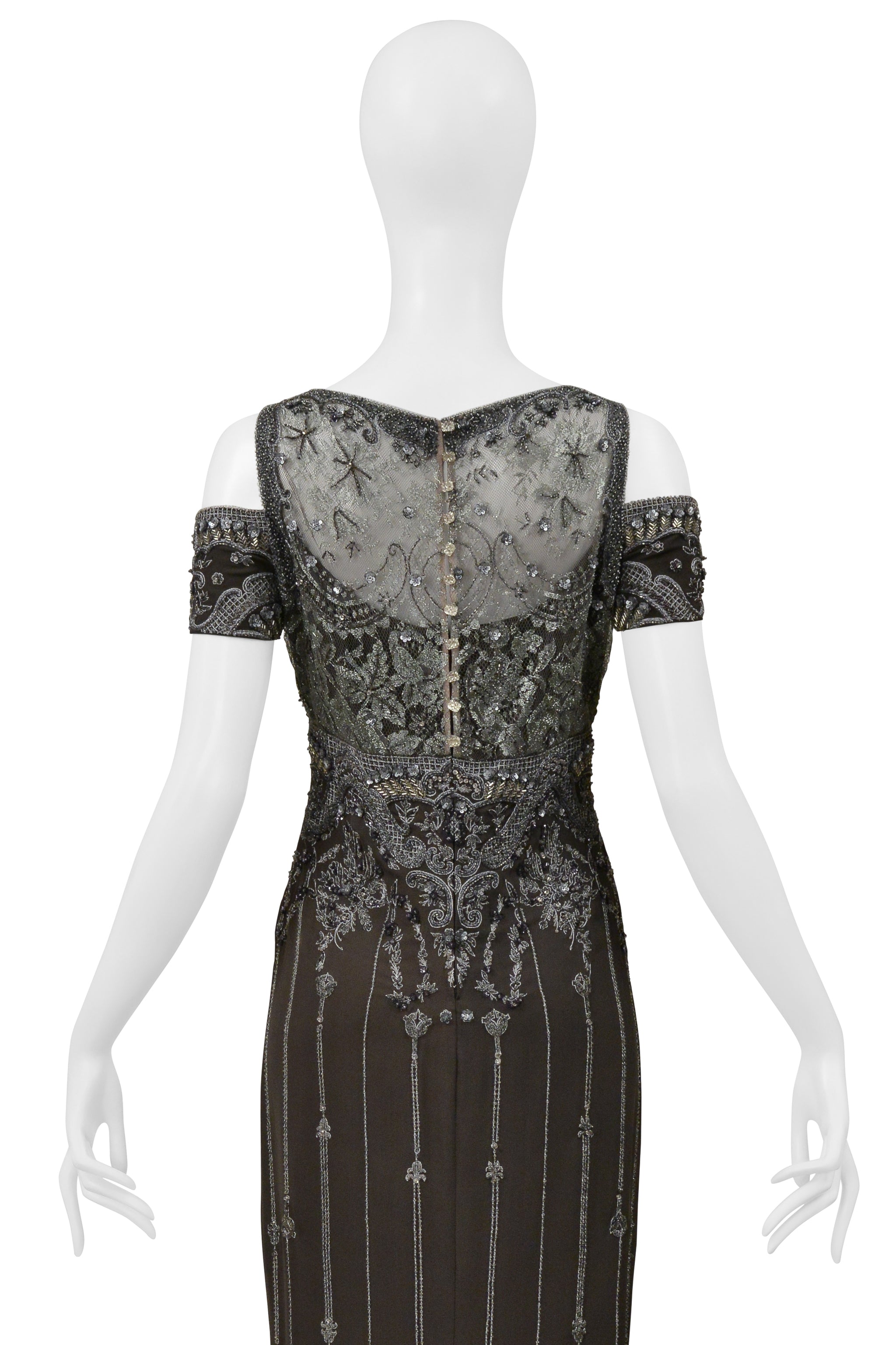 BADGLEY MISCHKA OLIVE EVENING GOWN WITH SILVER BEADING