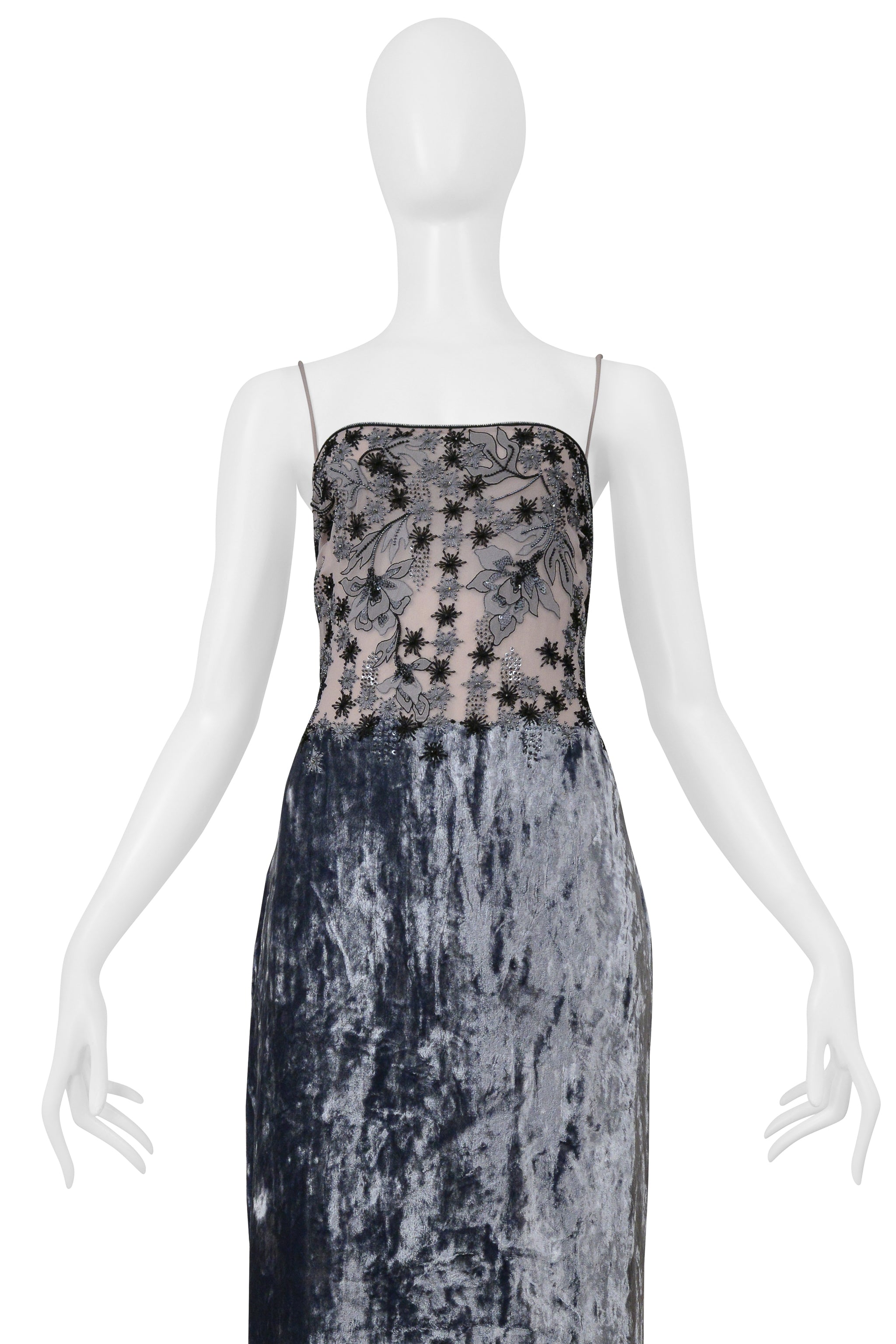 BADGLEY MISCHKA SILVER VELVET EVENING GOWN WITH SKIN STRAPS AND BEADING 1997