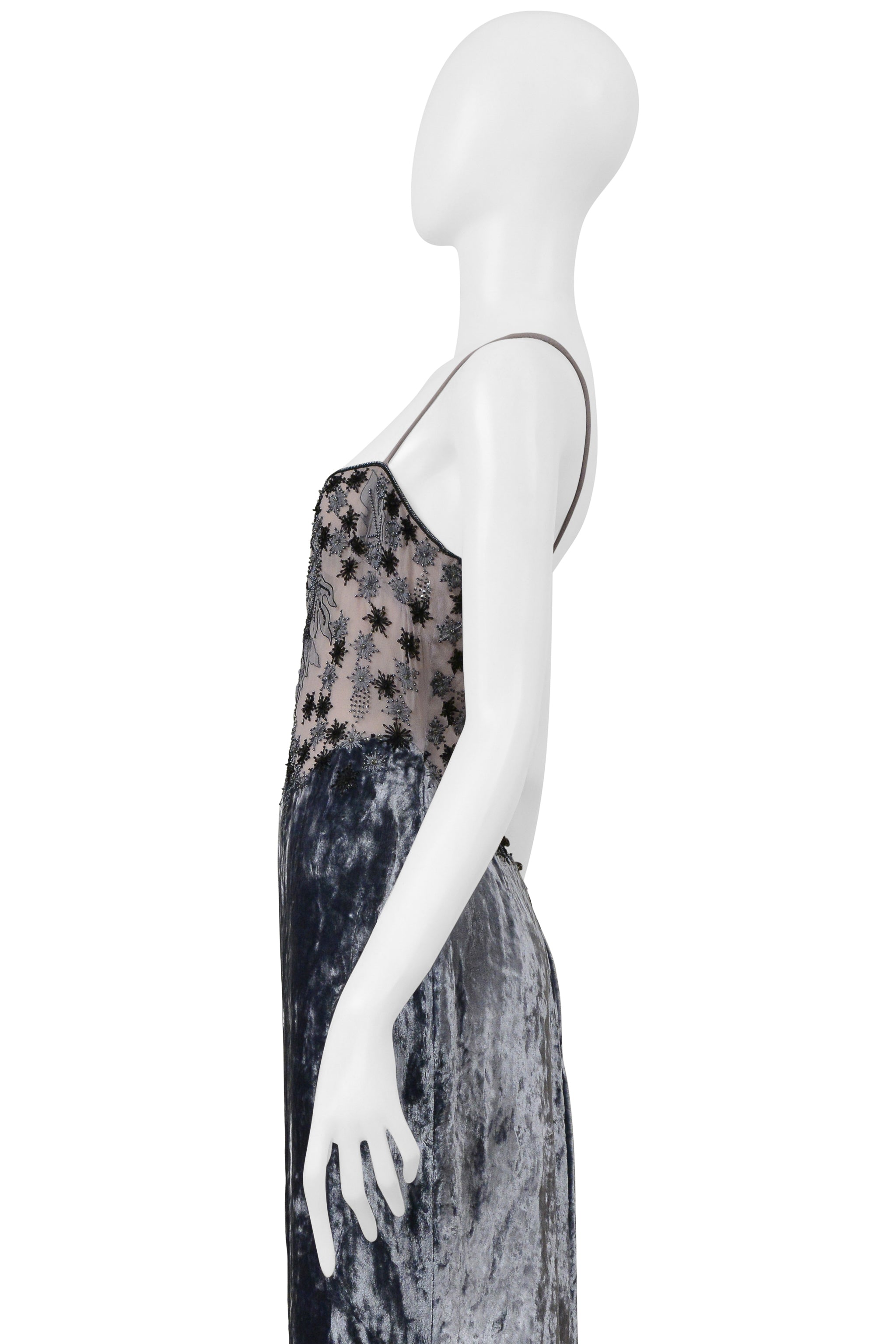 BADGLEY MISCHKA SILVER VELVET EVENING GOWN WITH SKIN STRAPS AND BEADING 1997