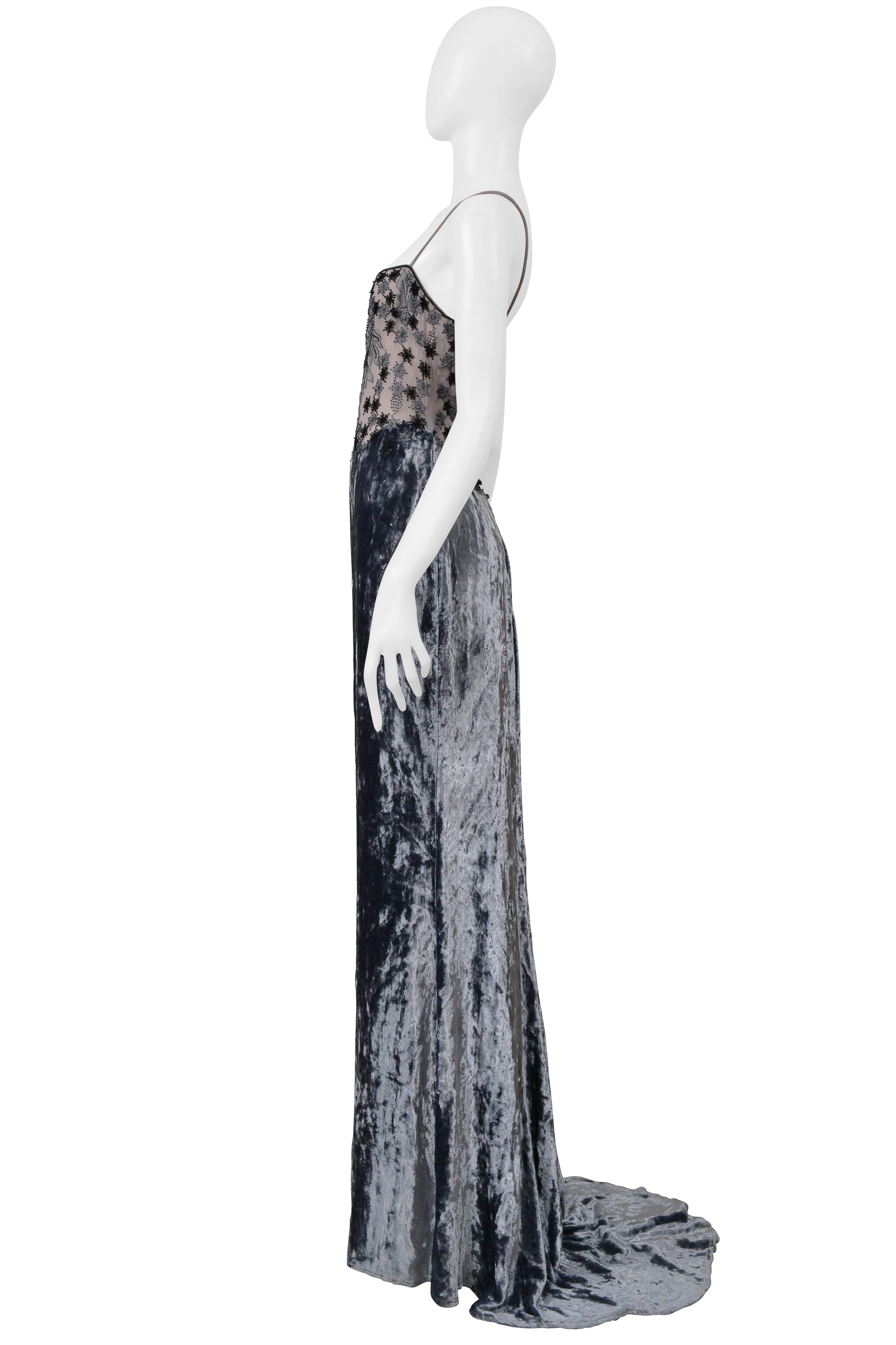 BADGLEY MISCHKA SILVER VELVET EVENING GOWN WITH SKIN STRAPS AND BEADING 1997