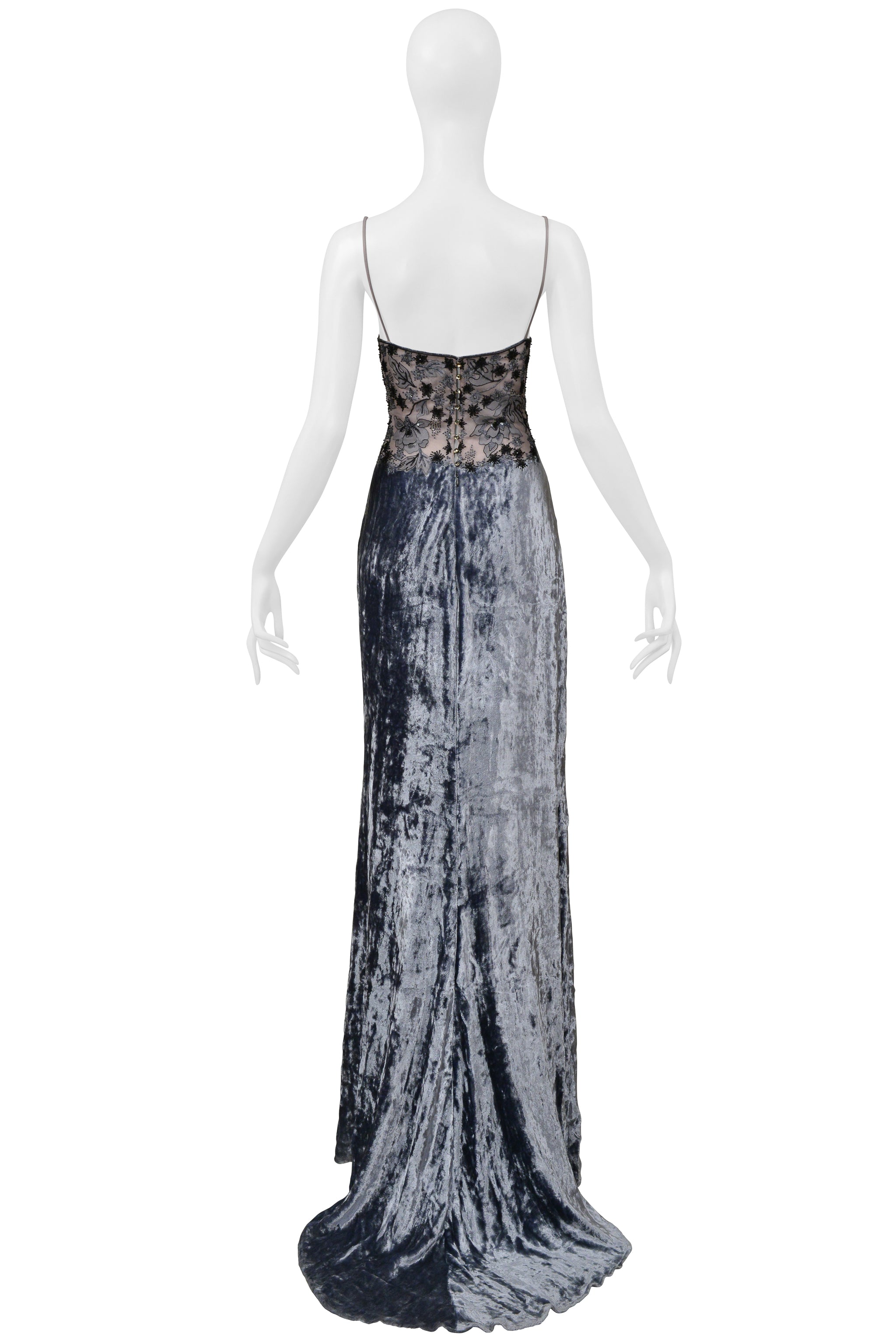 BADGLEY MISCHKA SILVER VELVET EVENING GOWN WITH SKIN STRAPS AND BEADING 1997