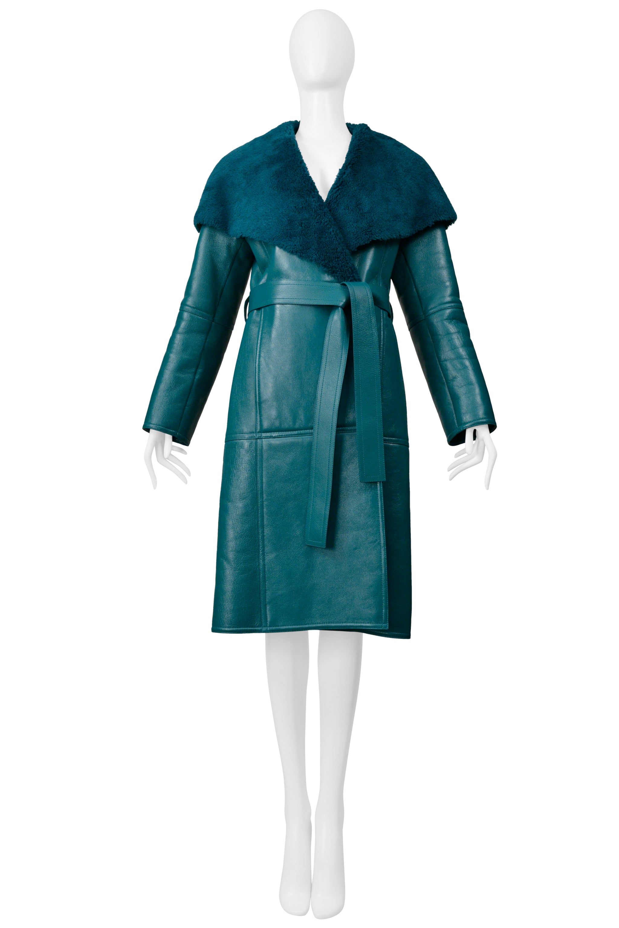 BALENCIAGA GREEN LEATHER SHEARLING COAT WITH BELT 2019