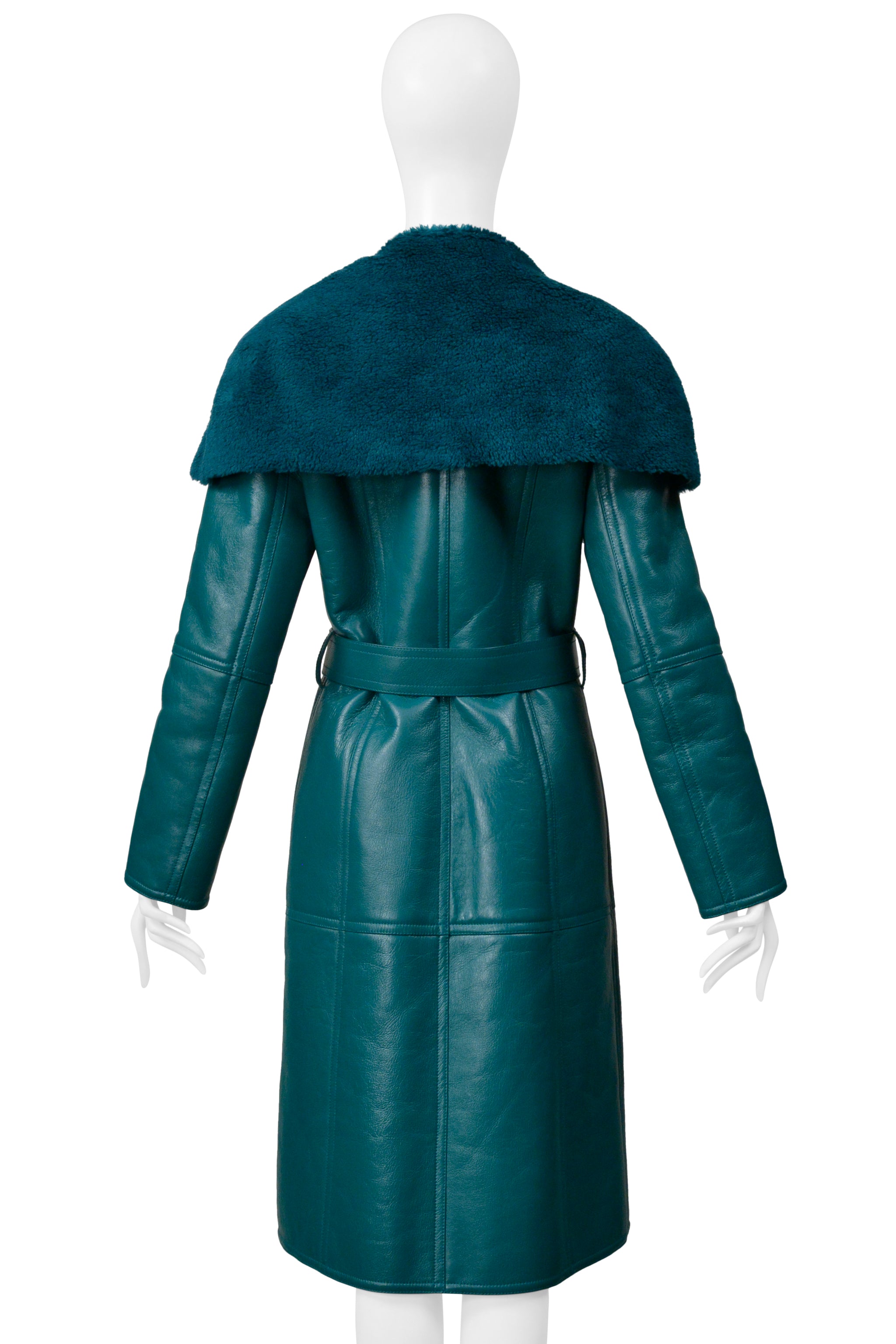 BALENCIAGA GREEN LEATHER SHEARLING COAT WITH BELT 2019