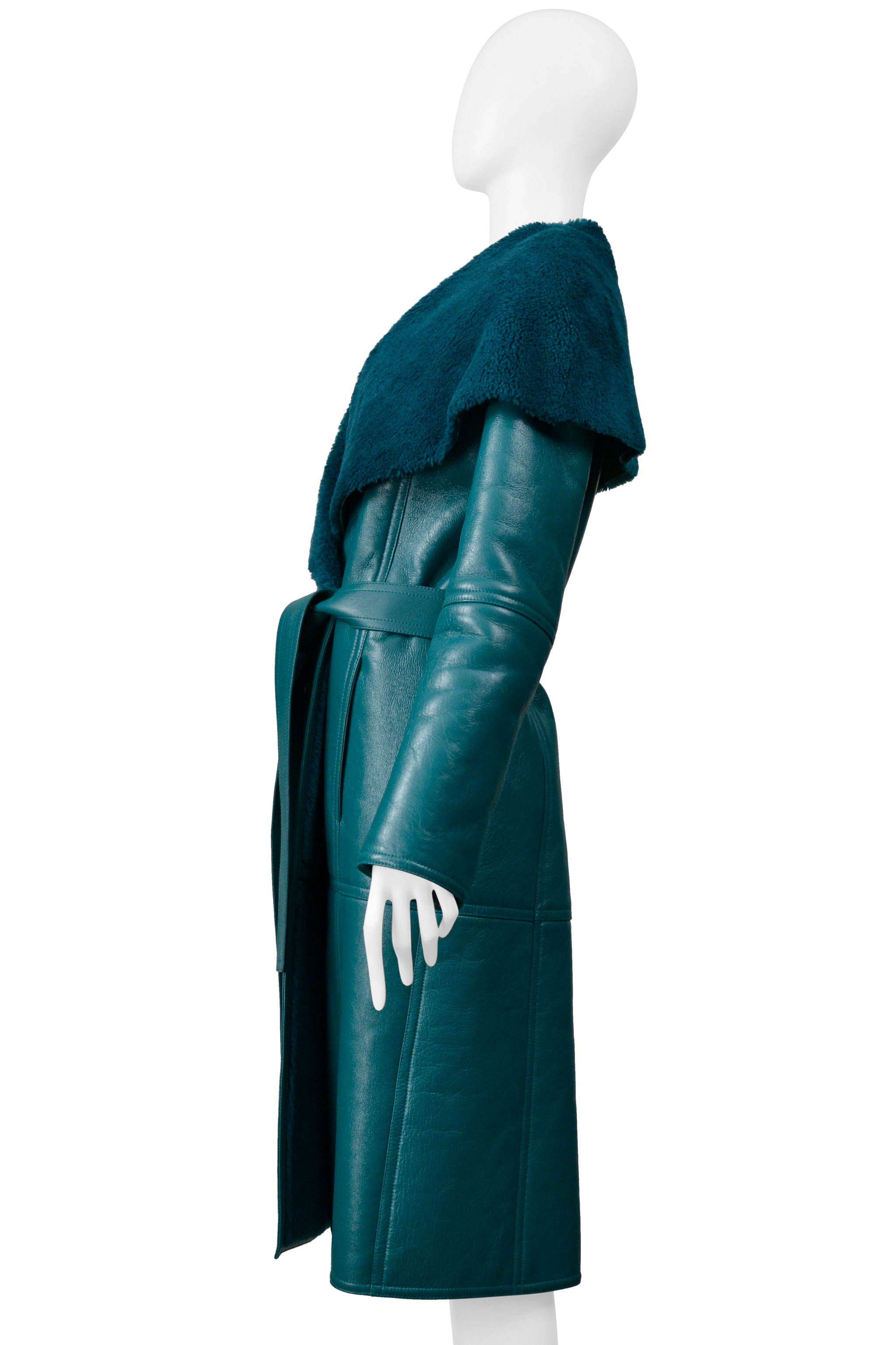 BALENCIAGA GREEN LEATHER SHEARLING COAT WITH BELT 2019