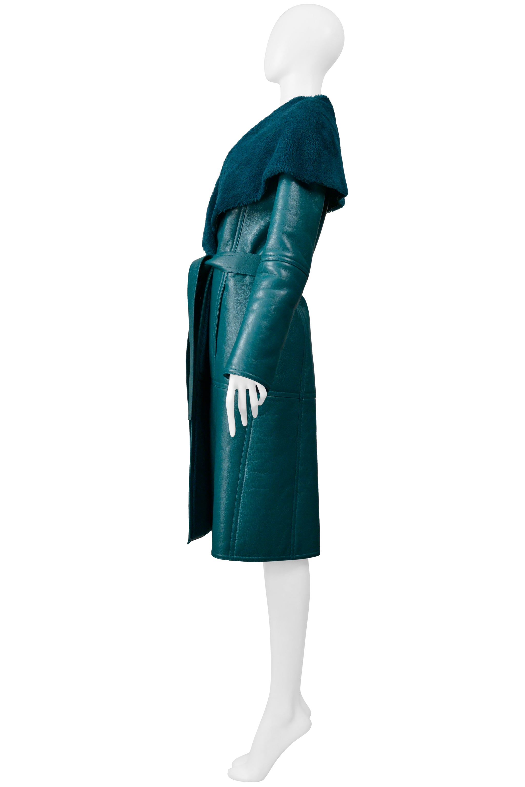 BALENCIAGA GREEN LEATHER SHEARLING COAT WITH BELT 2019