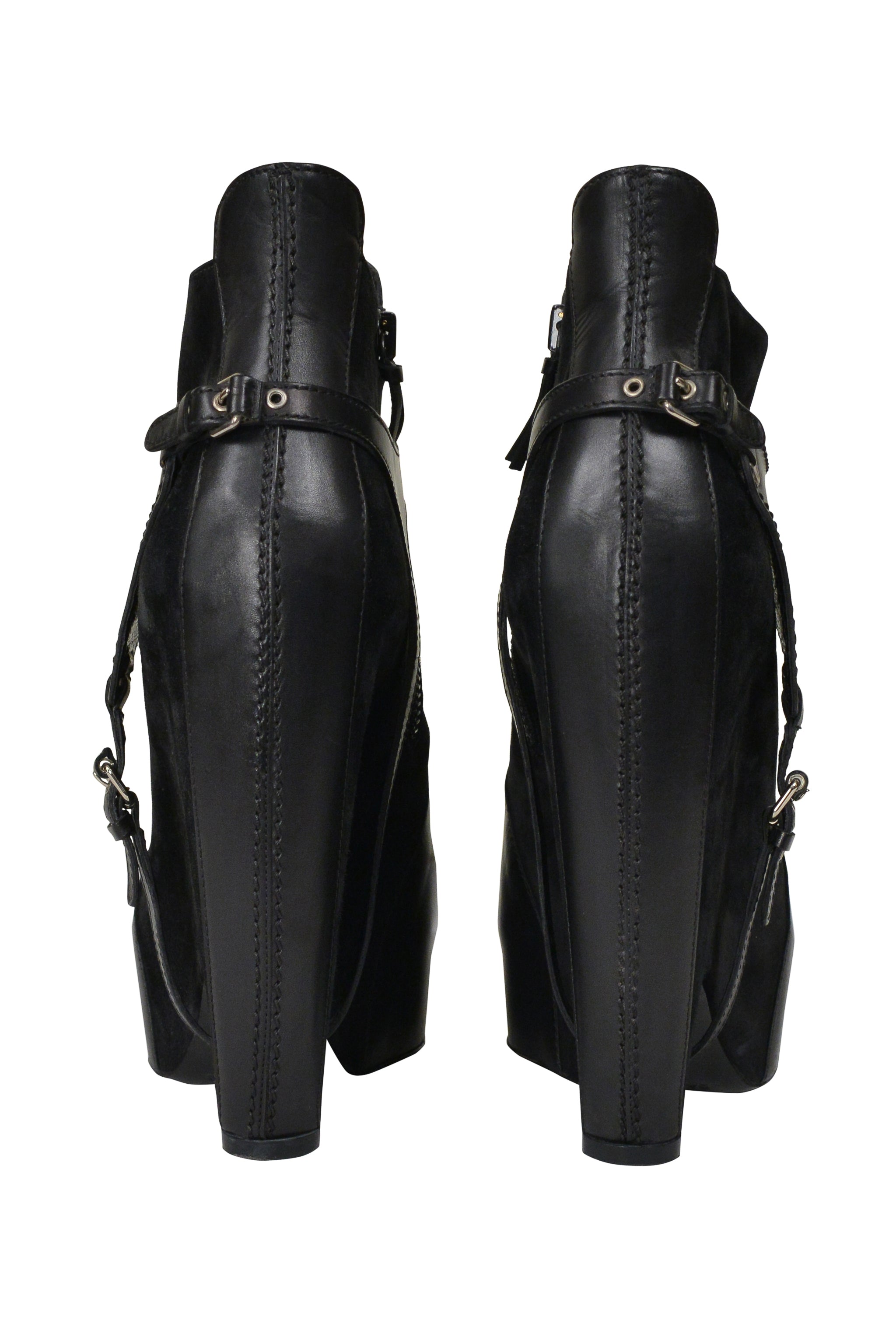 BALENCIAGA BY GHESQUIERE BLACK LEATHER & SUEDE HARNESS BOOTS 2006