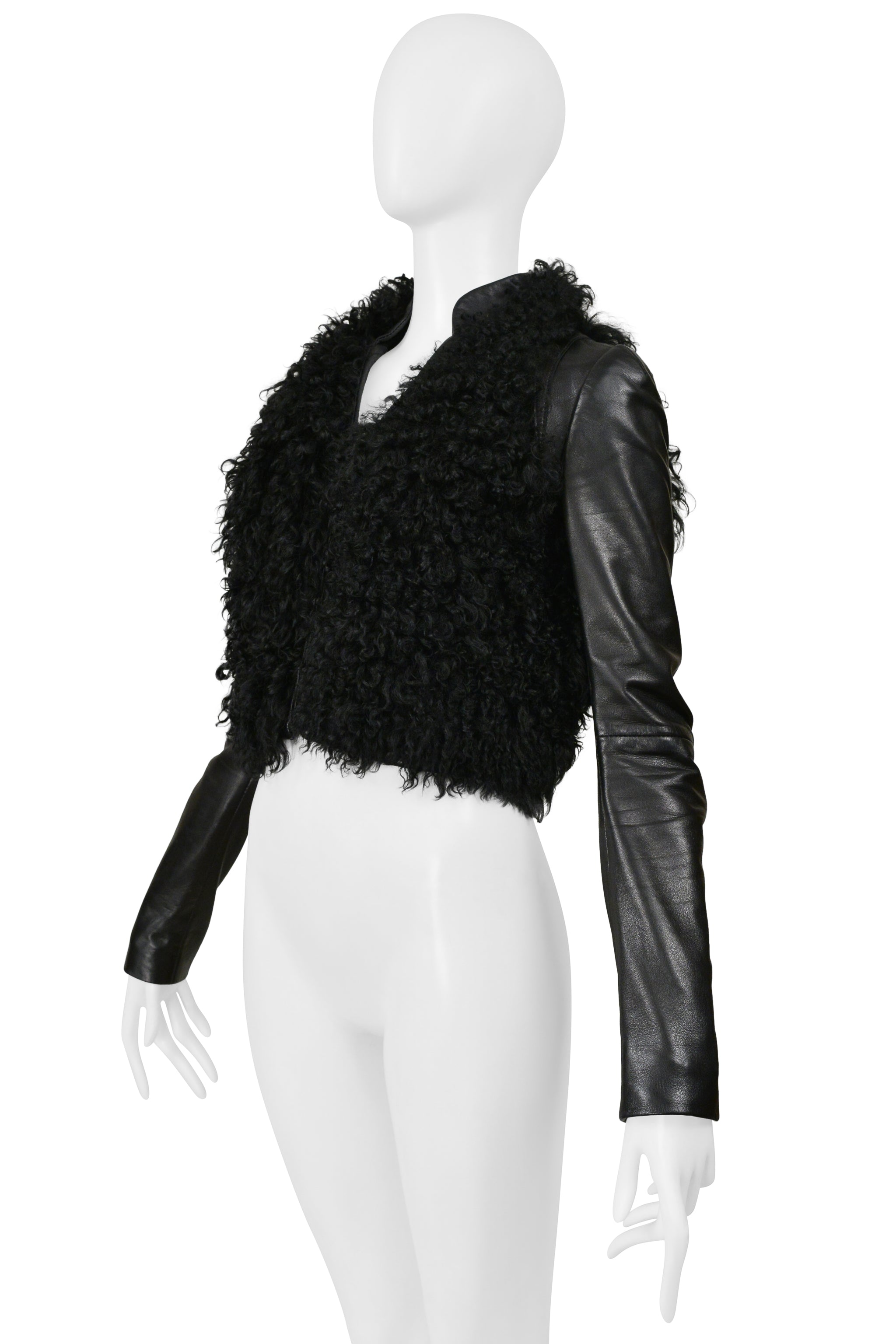 BALENCIAGA BY GHESQUIERE BLACK LEATHER JACKET WITH CURLY FUR 2008