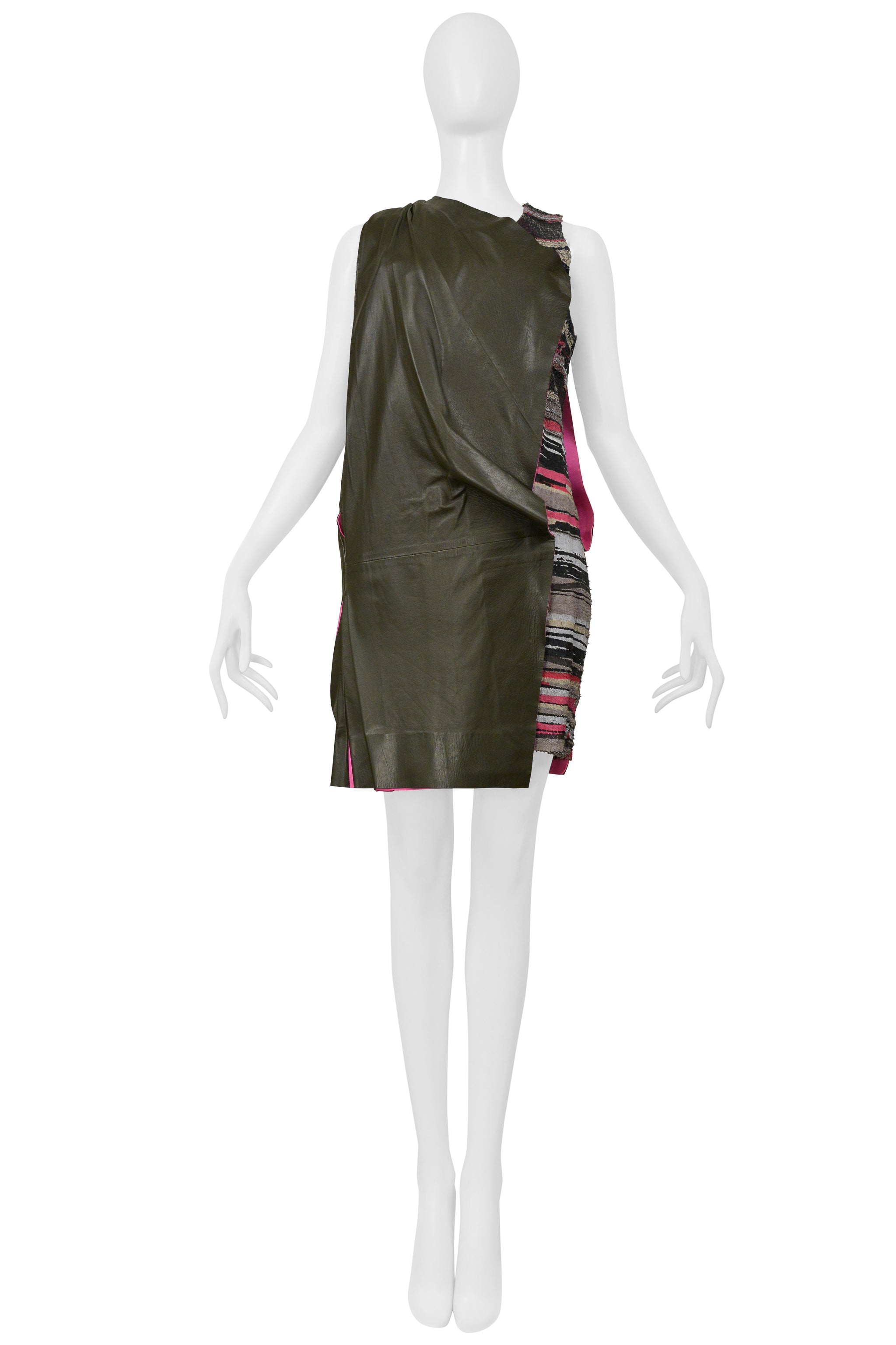 BALENCIAGA BY GHESQUIERE ARMY GREEN AND PINK LEATHER DRESS 2010
