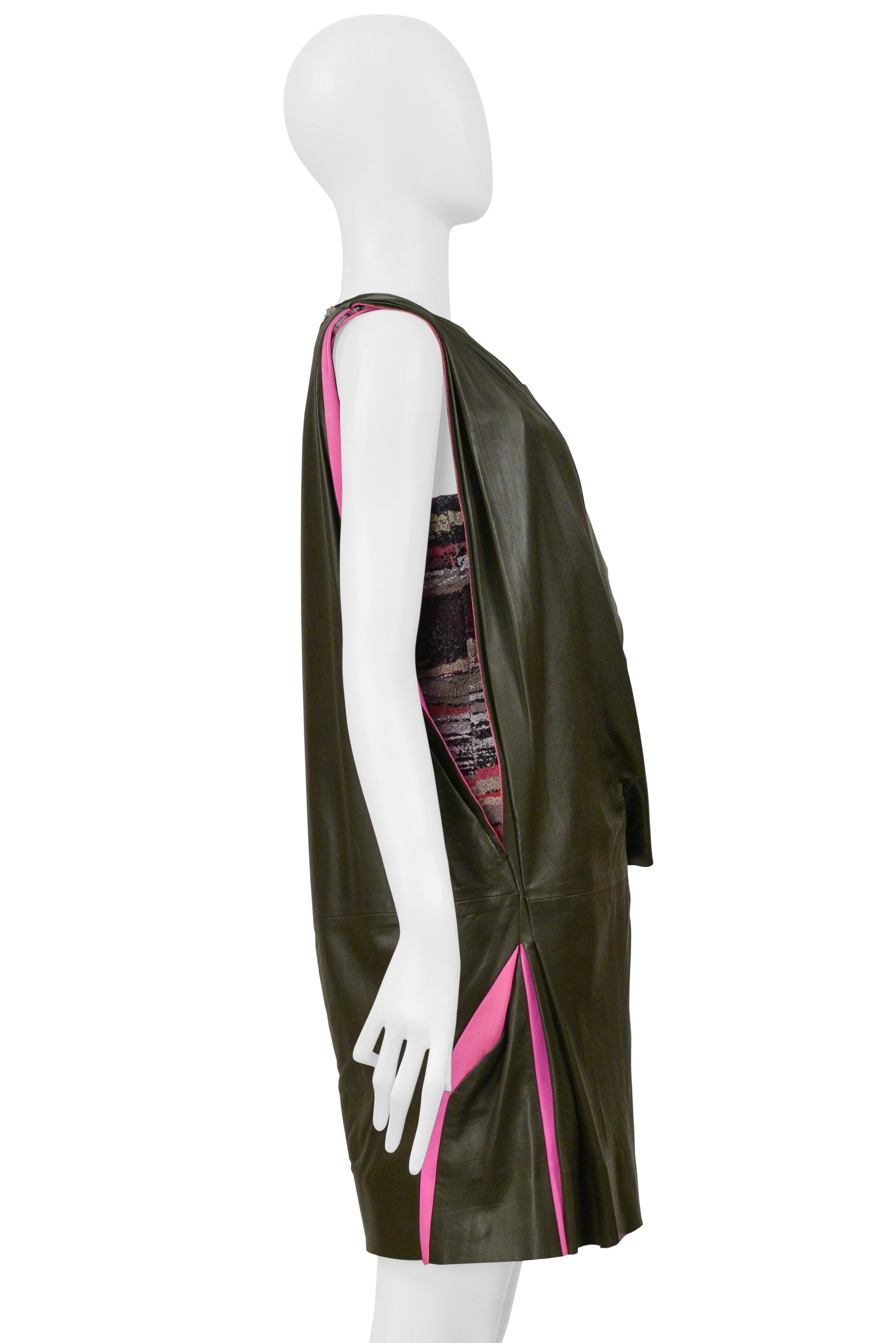 BALENCIAGA BY GHESQUIERE ARMY GREEN AND PINK LEATHER DRESS 2010