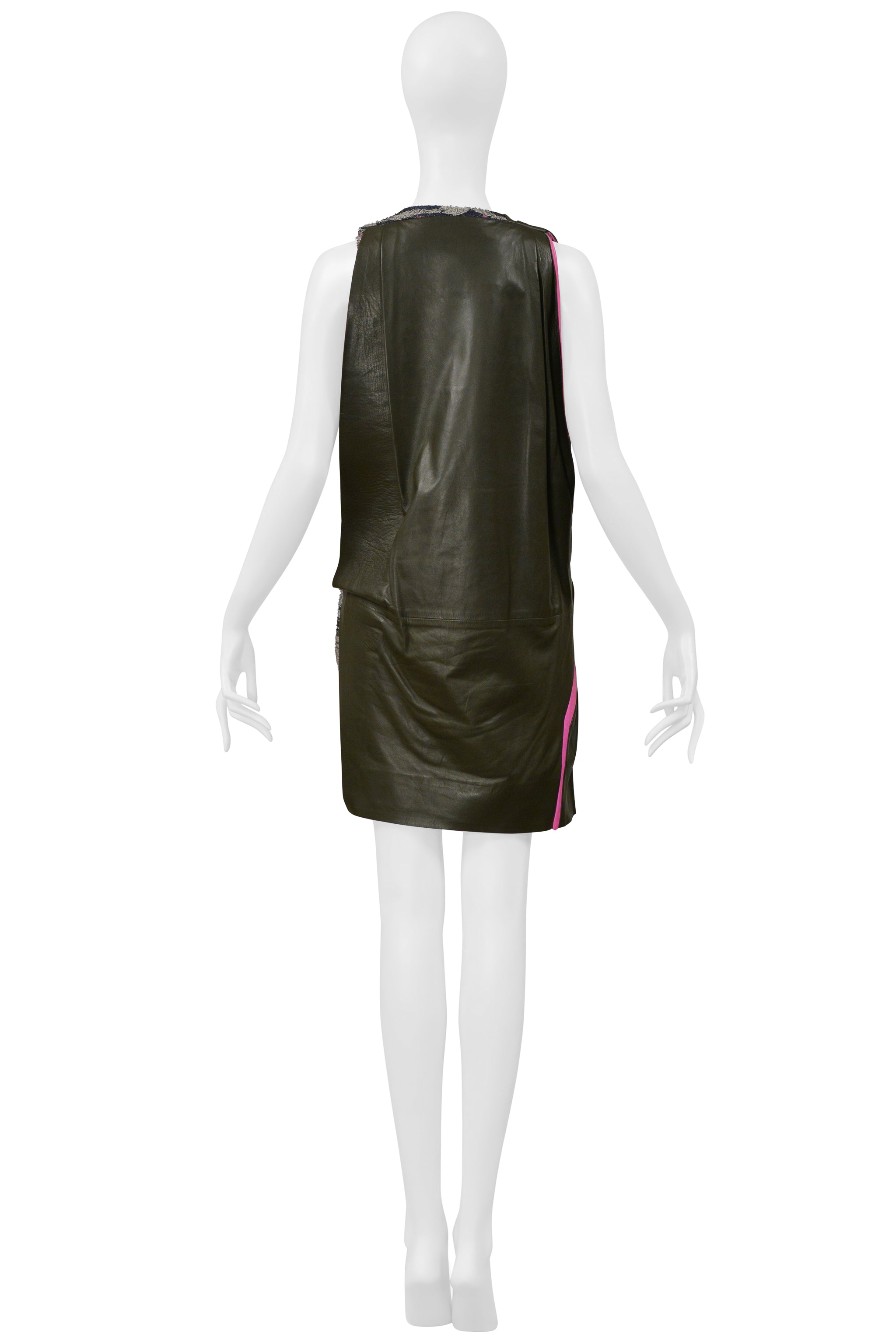 BALENCIAGA BY GHESQUIERE ARMY GREEN AND PINK LEATHER DRESS 2010