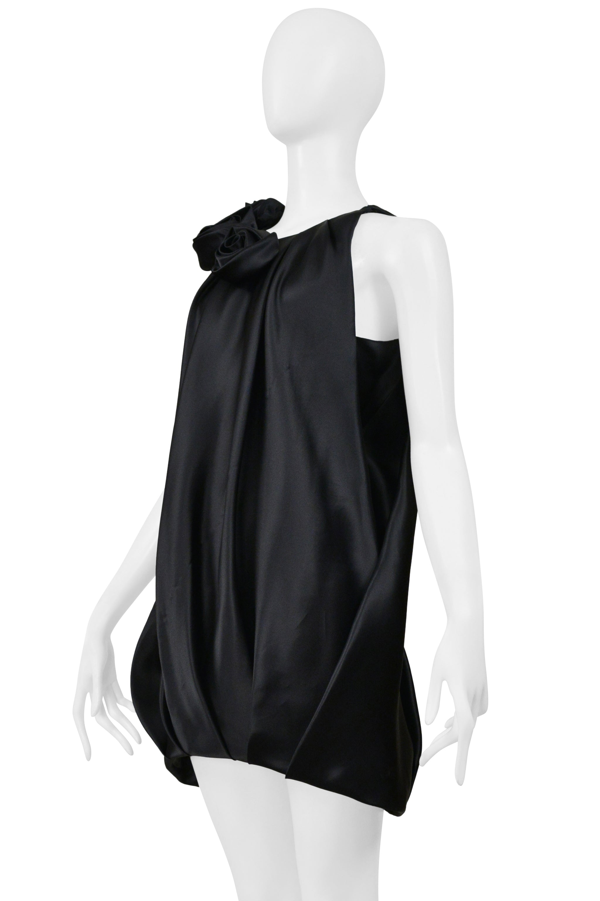 BALENCIAGA BY GHESQUIERE BLACK SATIN DRESS WITH ROSES