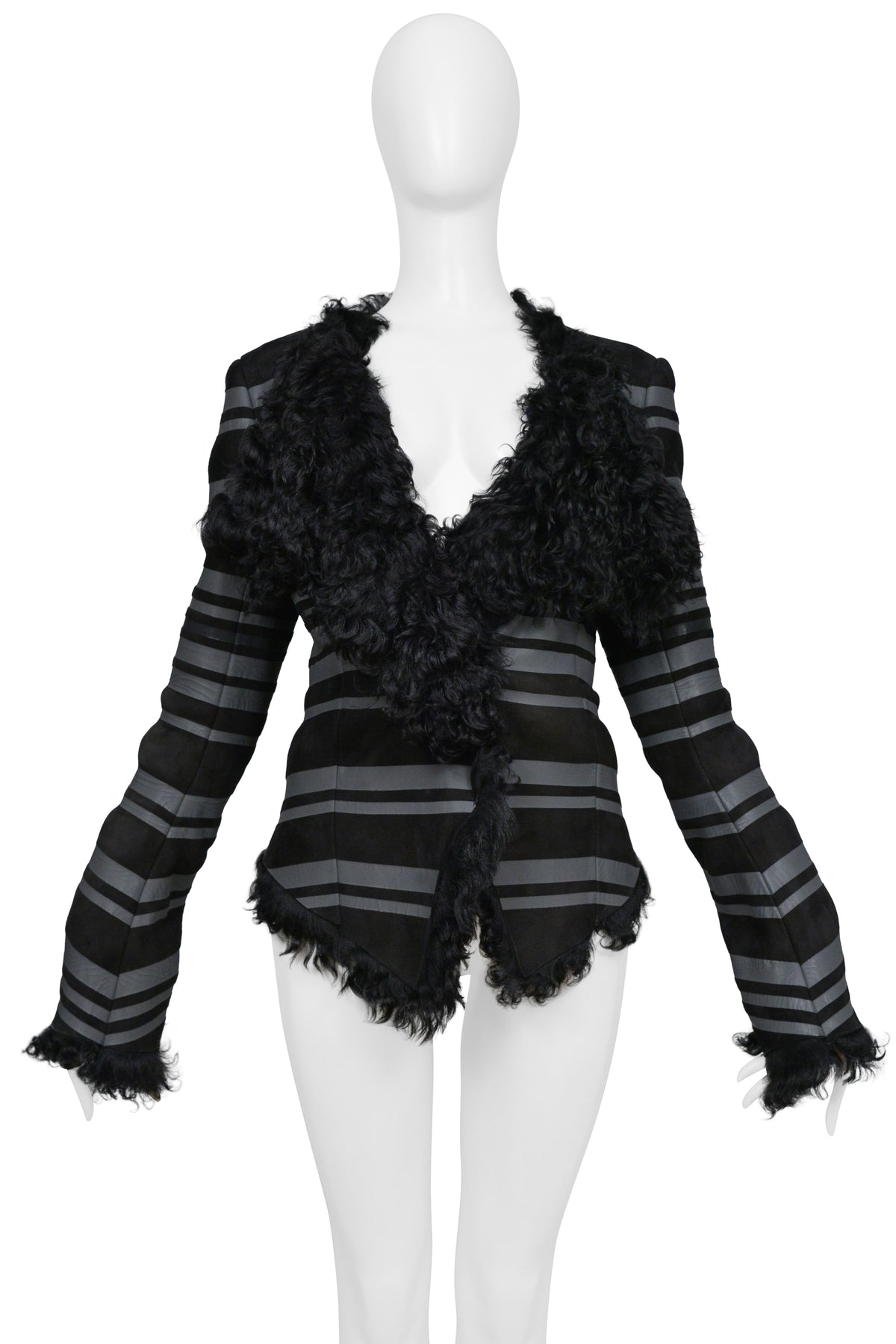 BALENCIAGA BY GHESQUIERE BLACK WITH GREY STRIPES SHEARLING JACKET