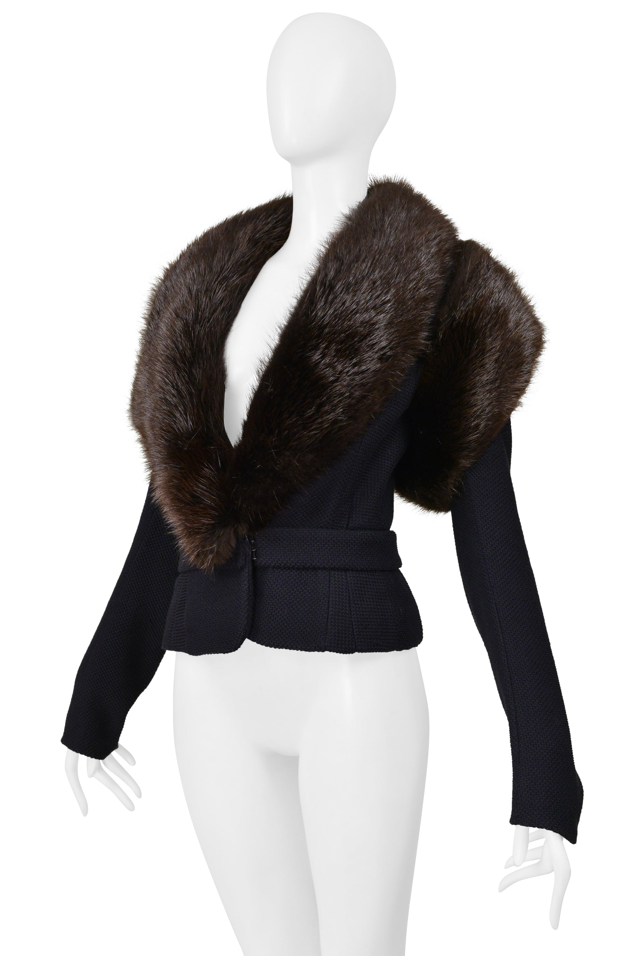 BALENCIAGA BY GHESQUIERE FALL 2005 NAVY JACKET WITH BROWN BEAVER FUR COLLAR