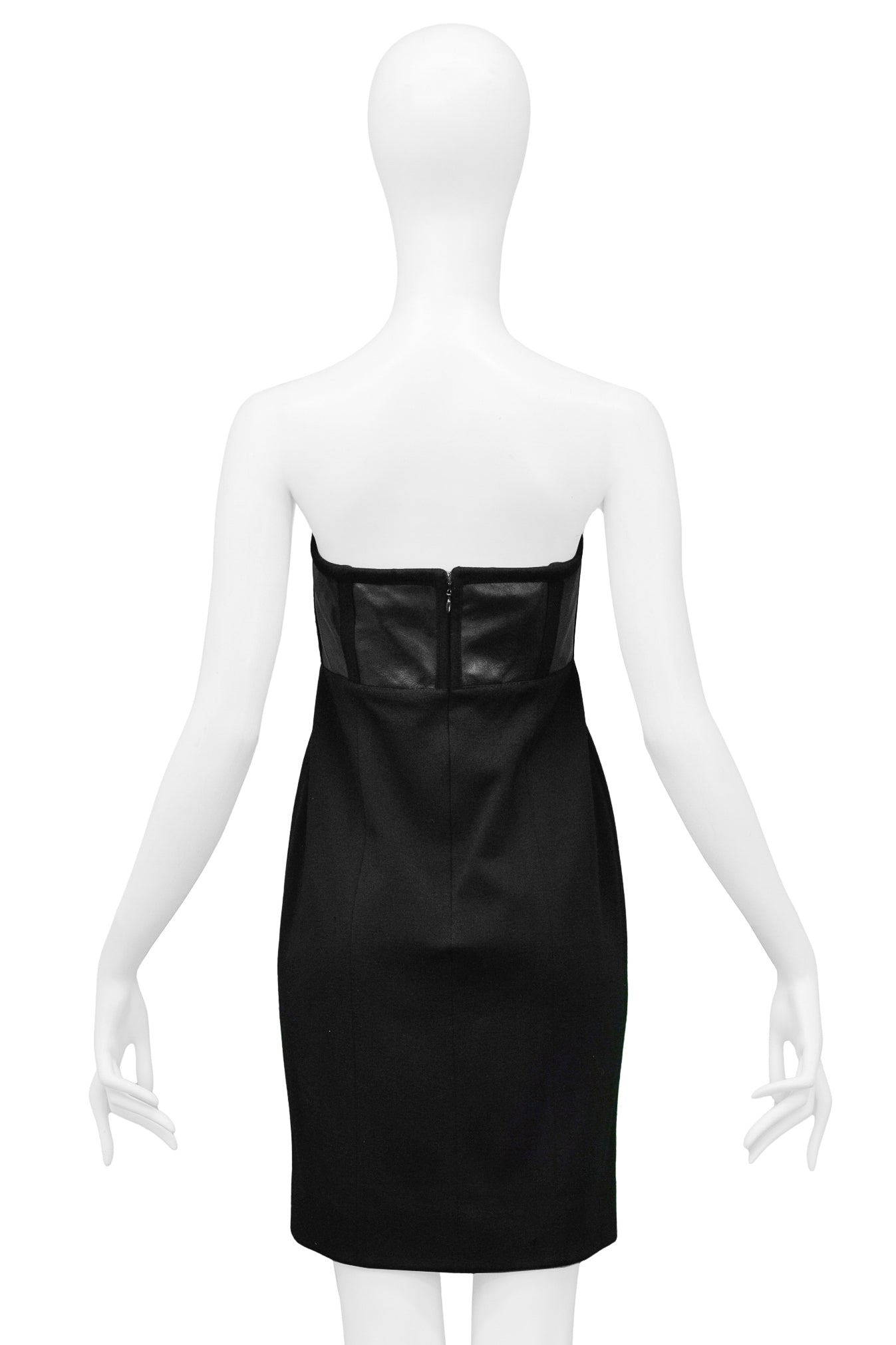 GEOFFREY BEENE BLACK LEATHER & WOOL STRAPLESS DRESS