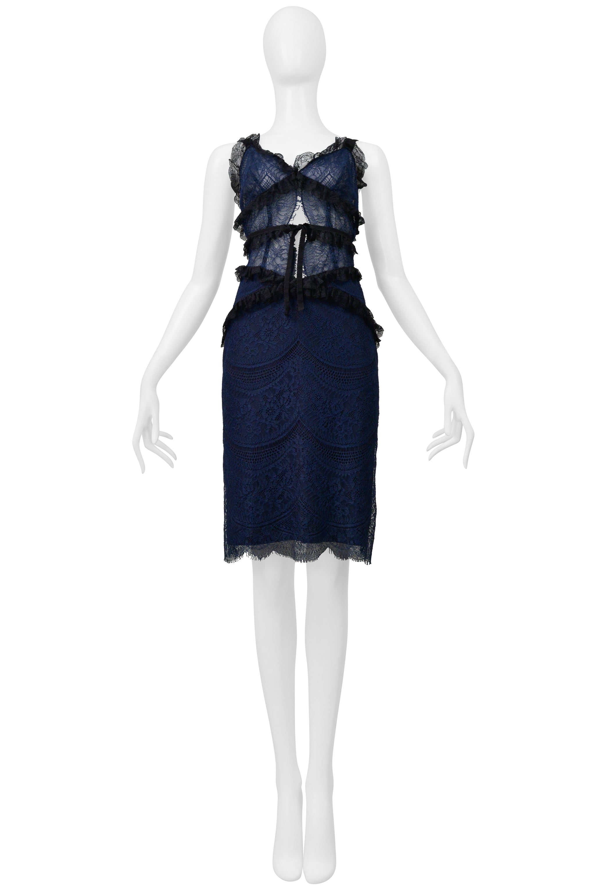 BLUMARINE NAVY AND BLACK CHIFFON AND LACE DRESS WITH RUFFLES