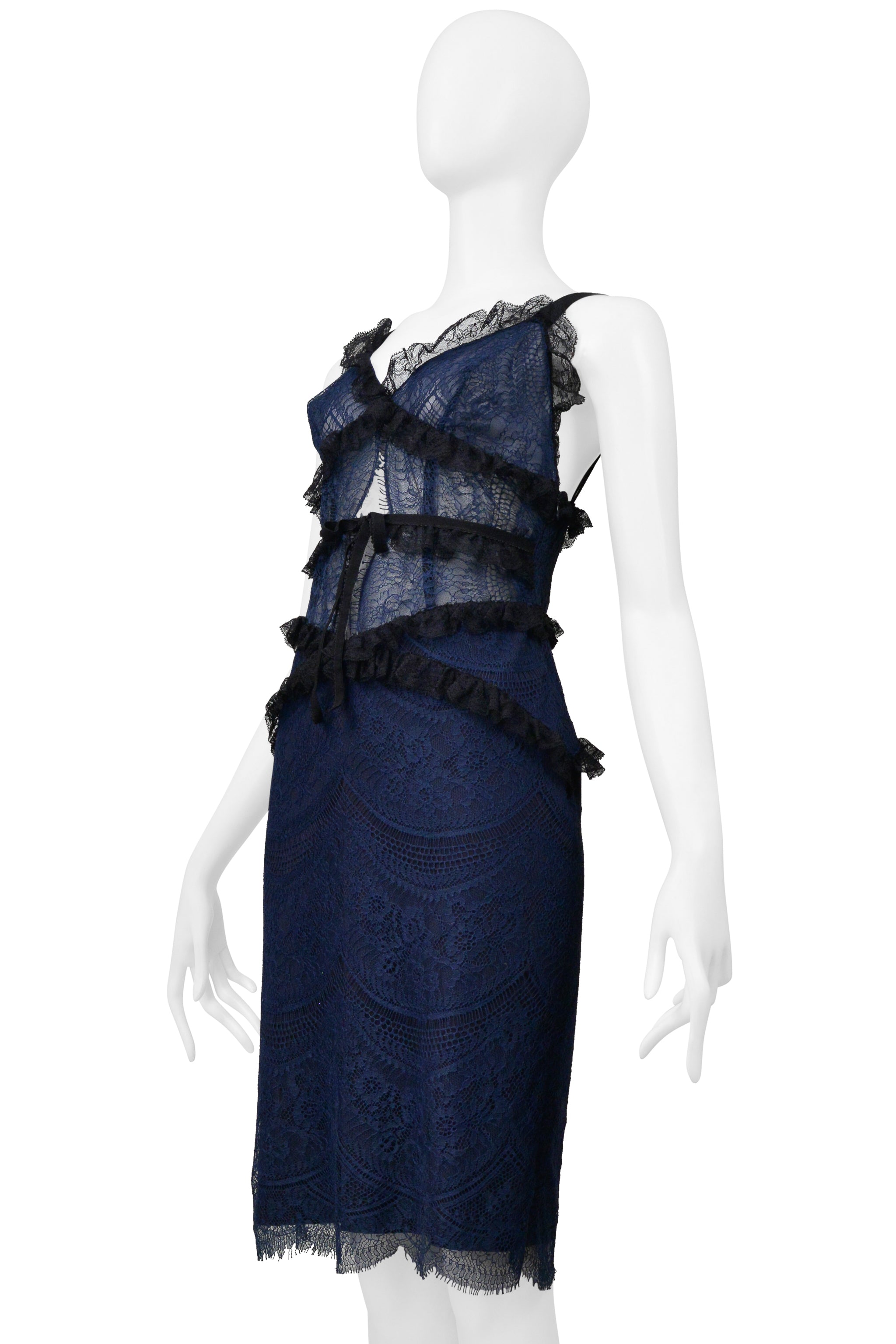 BLUMARINE NAVY AND BLACK CHIFFON AND LACE DRESS WITH RUFFLES