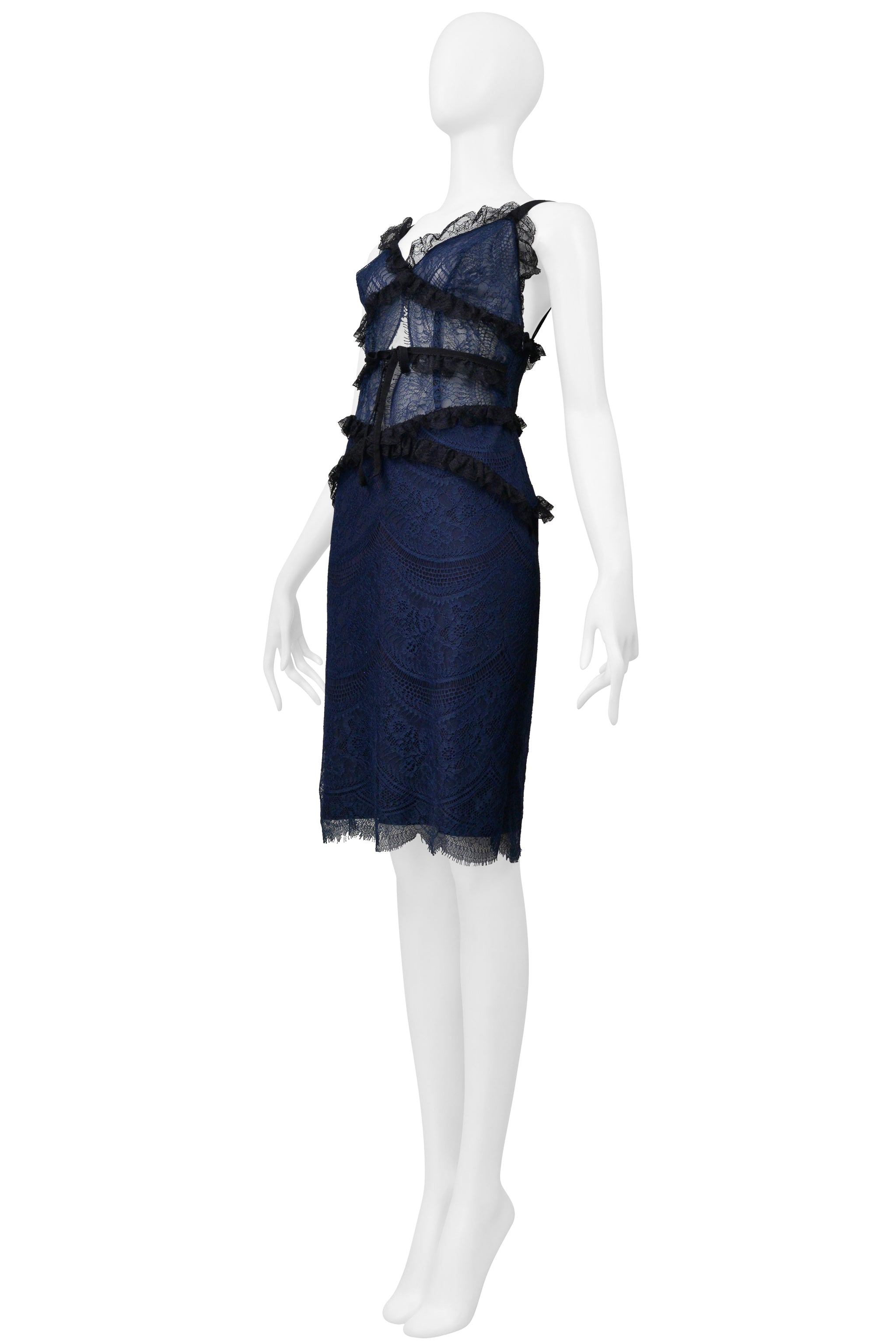 BLUMARINE NAVY AND BLACK CHIFFON AND LACE DRESS WITH RUFFLES